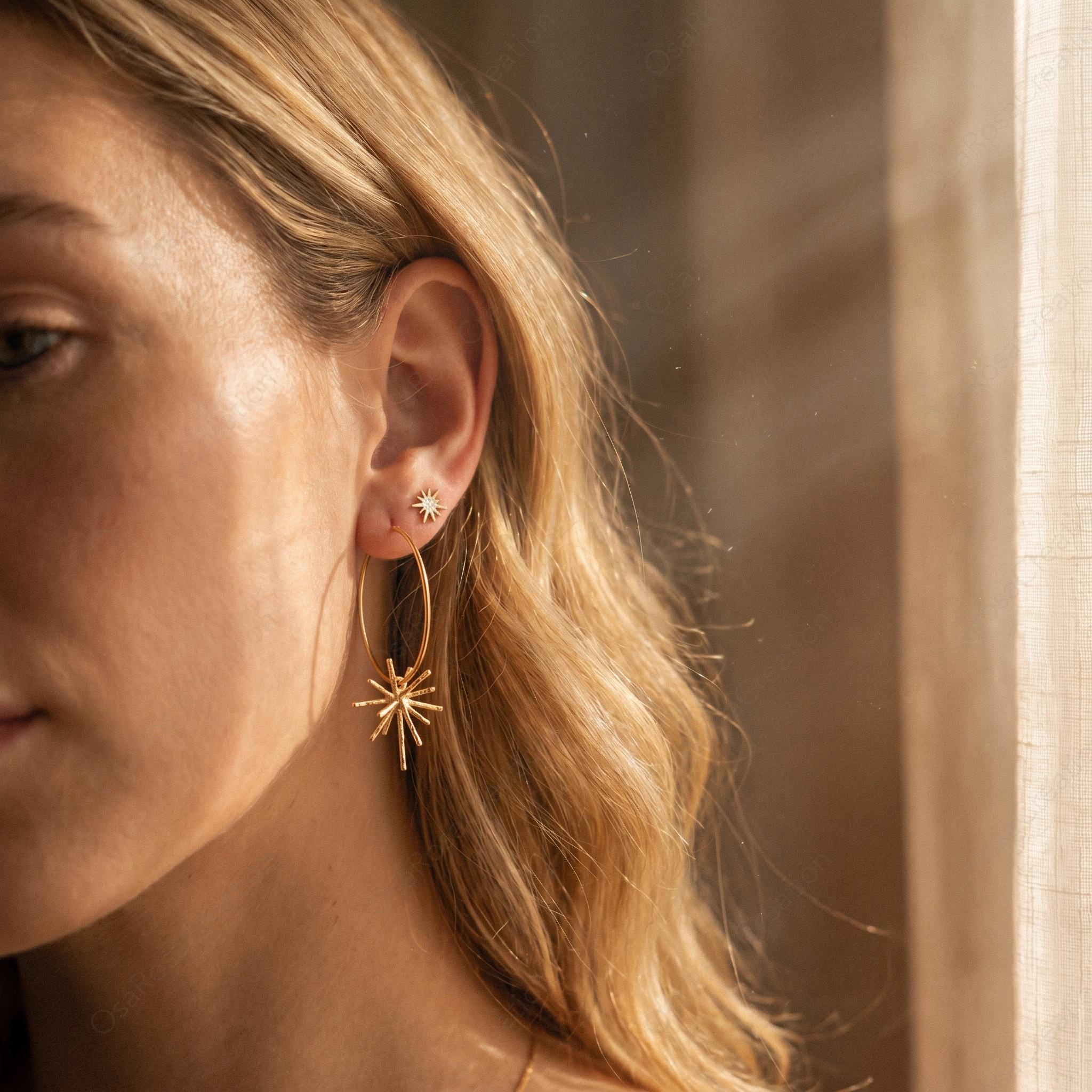 Hammered Gold Sunburst Hoop Earrings, Celestial Starburst Dangle Jewelry