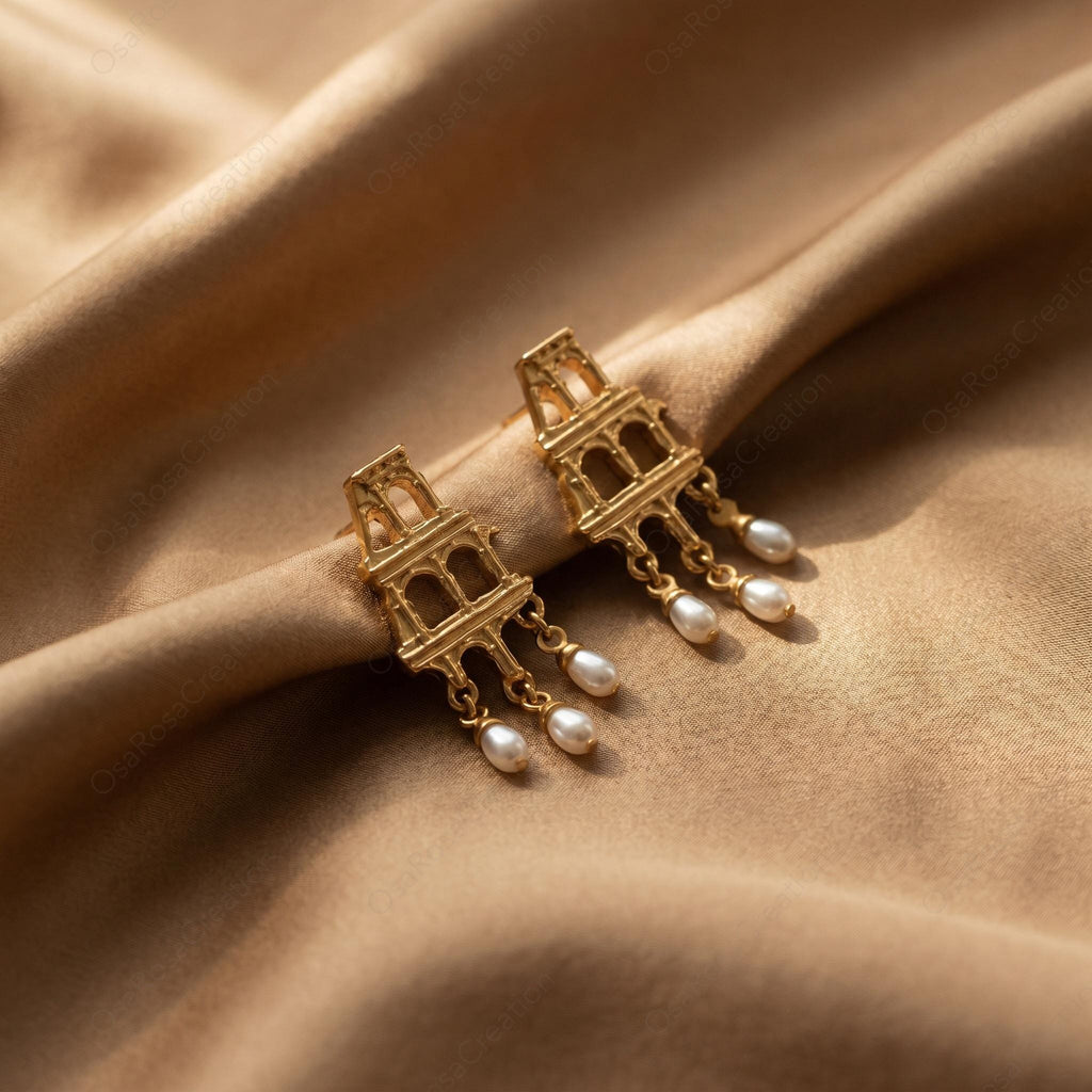 Gold Colosseum Earrings | Roman Architecture Pearl Dangle Earrings | Ancient History Jewelry | Statement Earrings | Gift for Her