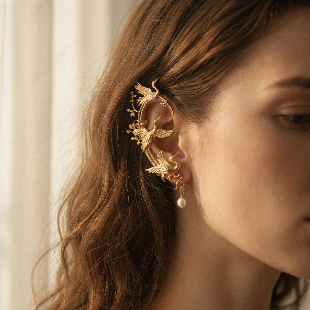 Gold Crane Ear Cuff with Pearl Drop – Art Nouveau Botanical Ear Wrap, Single Right Ear