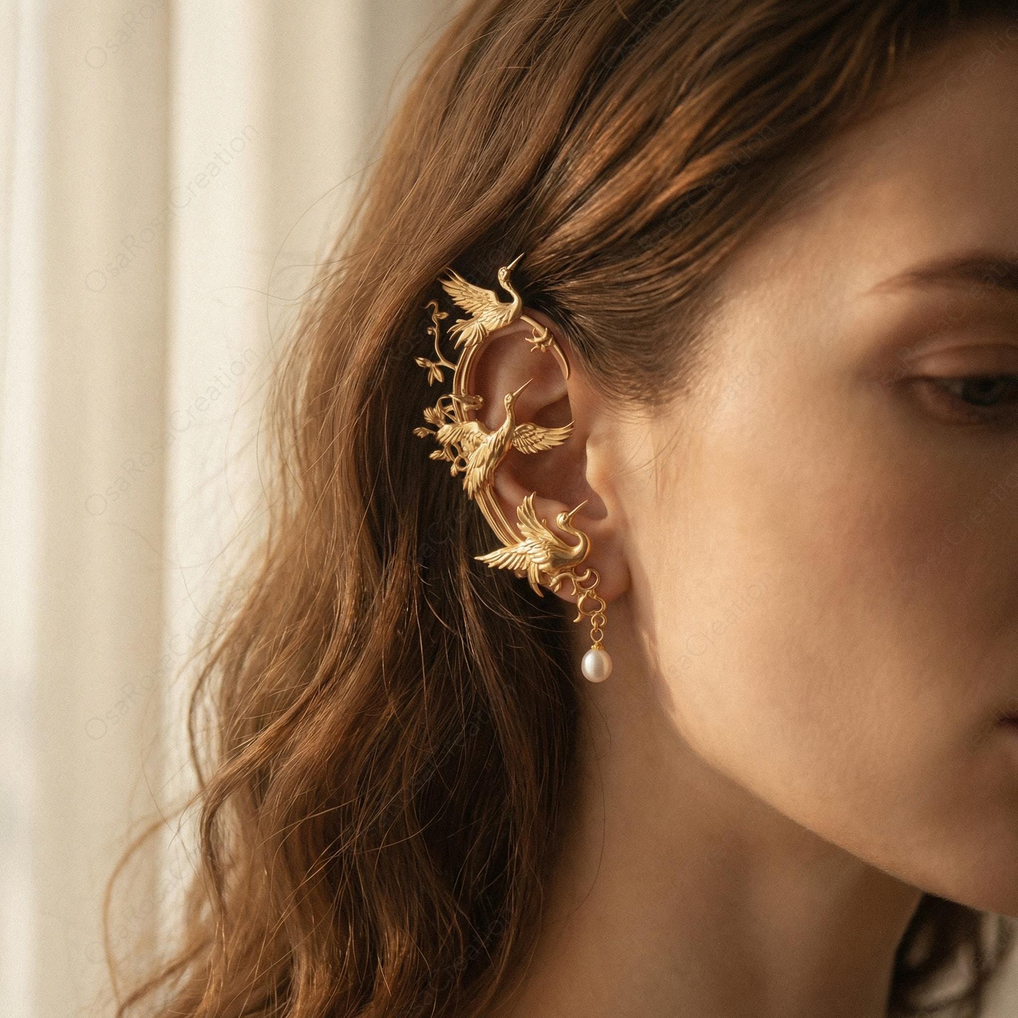 Gold Crane Ear Cuff with Pearl Drop – Art Nouveau Botanical Ear Wrap, Single Right Ear