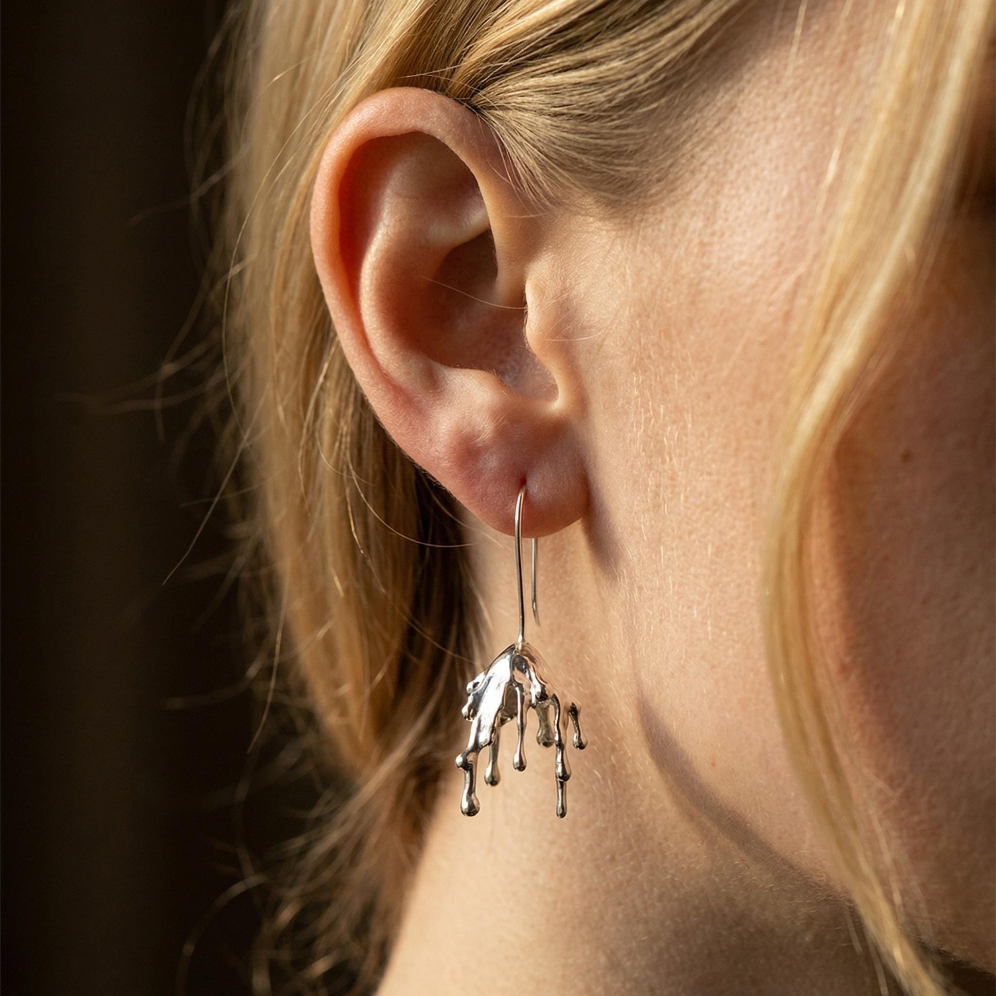 Molten Liquid Metal Dangle Earrings – Surrealist Sterling Silver Drop Jewelry