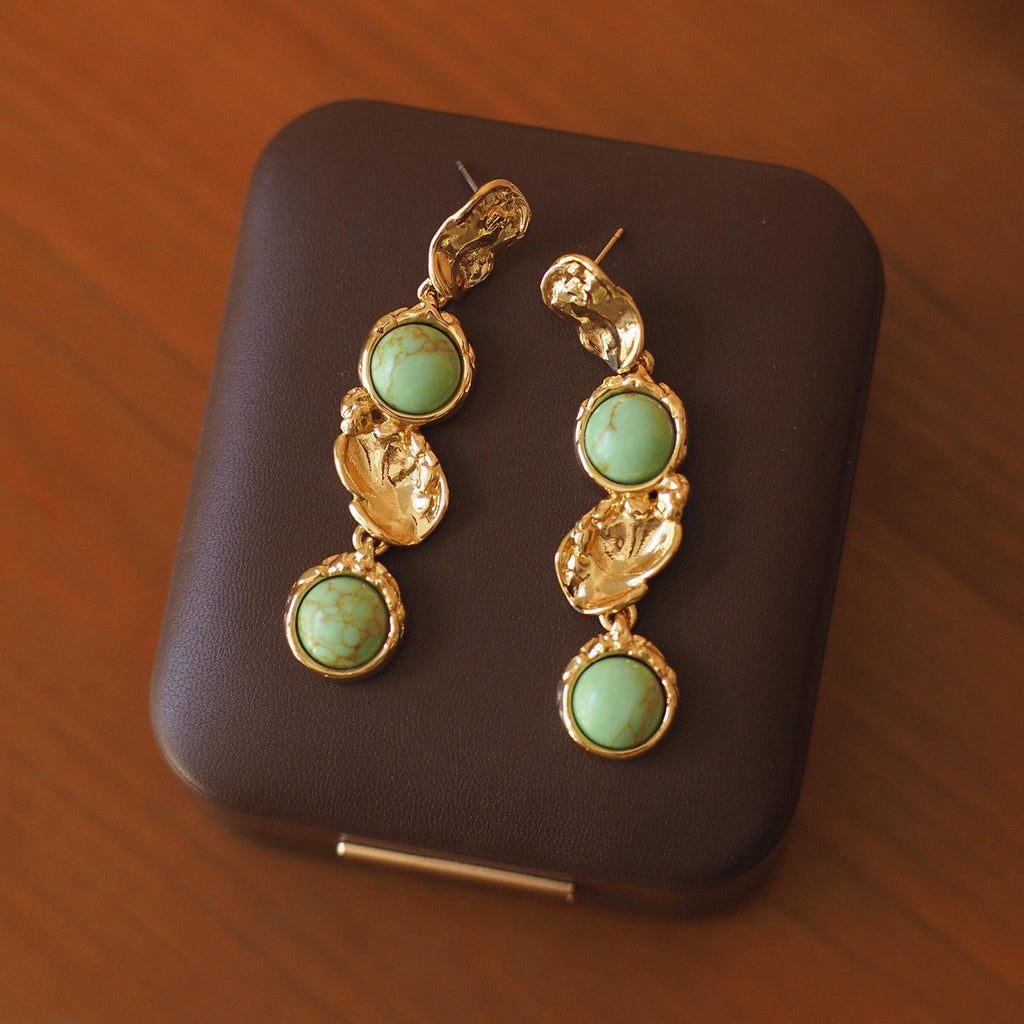 Gold Turquoise Dangle Earrings, Baroque Sculptural Jewelry, 925 Silver Post