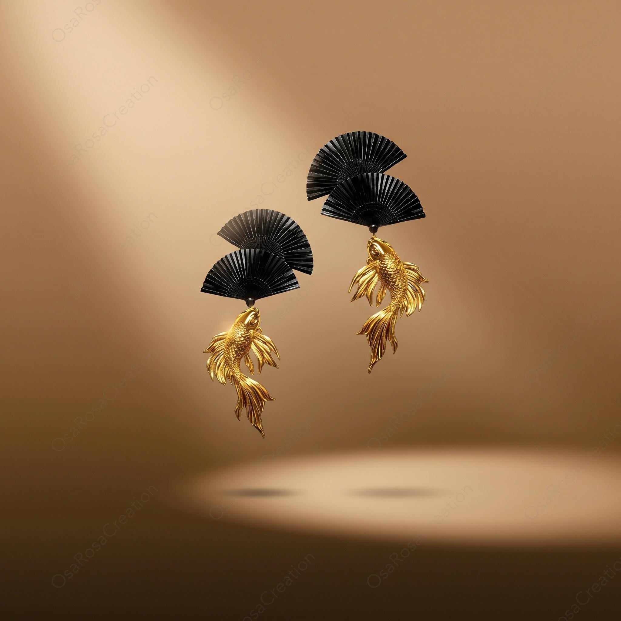 Sculptural Koi Fish Black Fan Earrings, Artistic Gold Oriental Jewelry