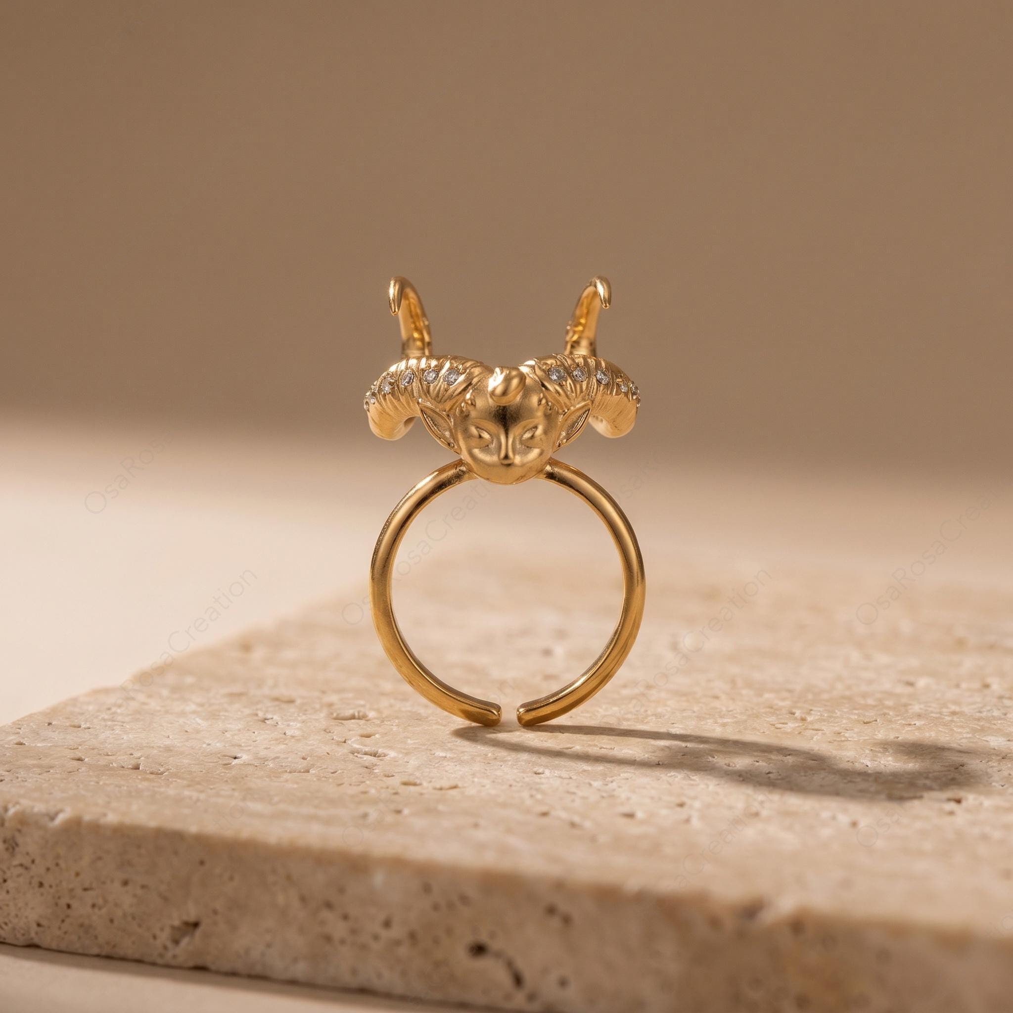 Sculptural Sea Goat Ring, Gold Capricorn Zodiac Jewelry, Crystal Horn Animal Statement Ring