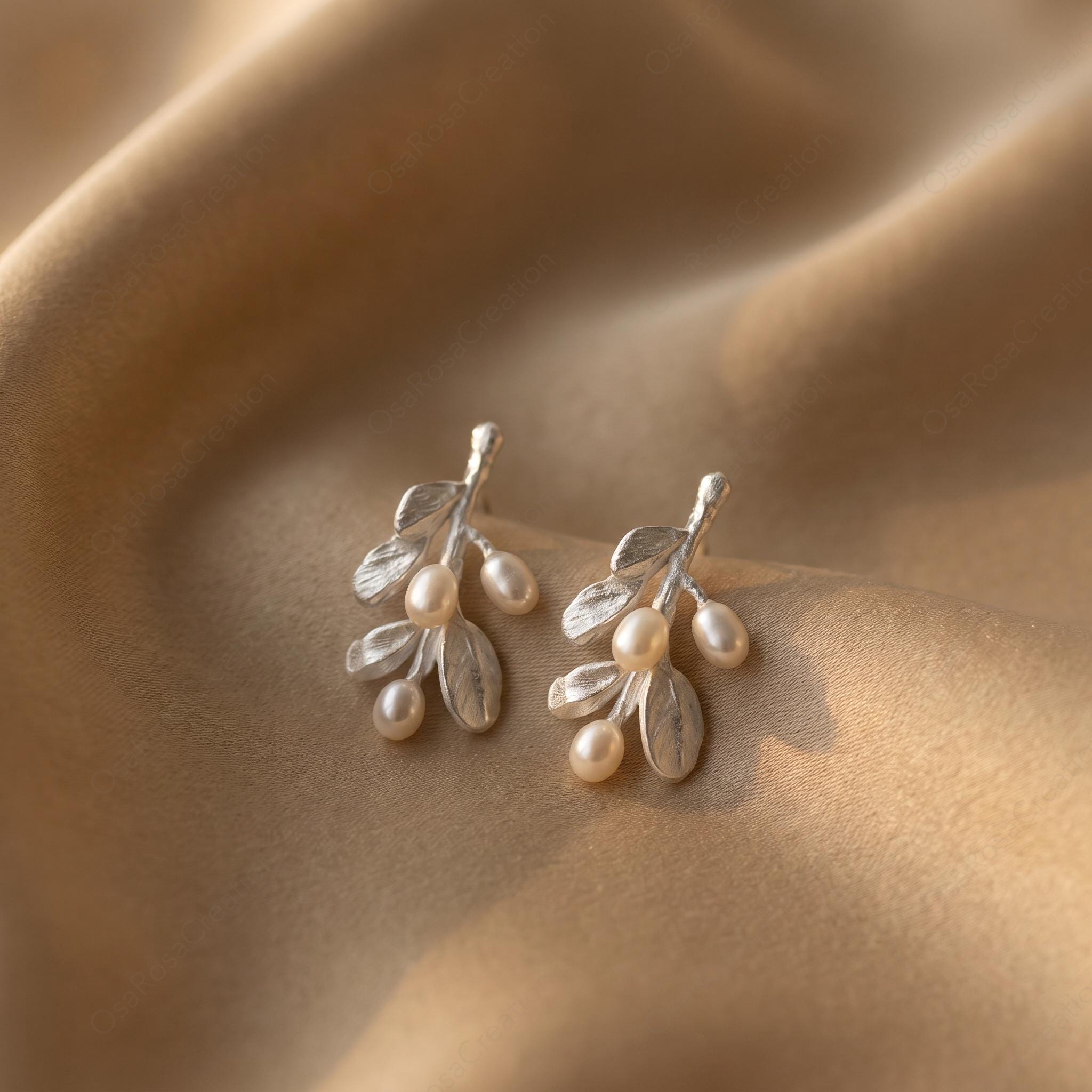 Silver Botanical Branch Earrings with Pearls