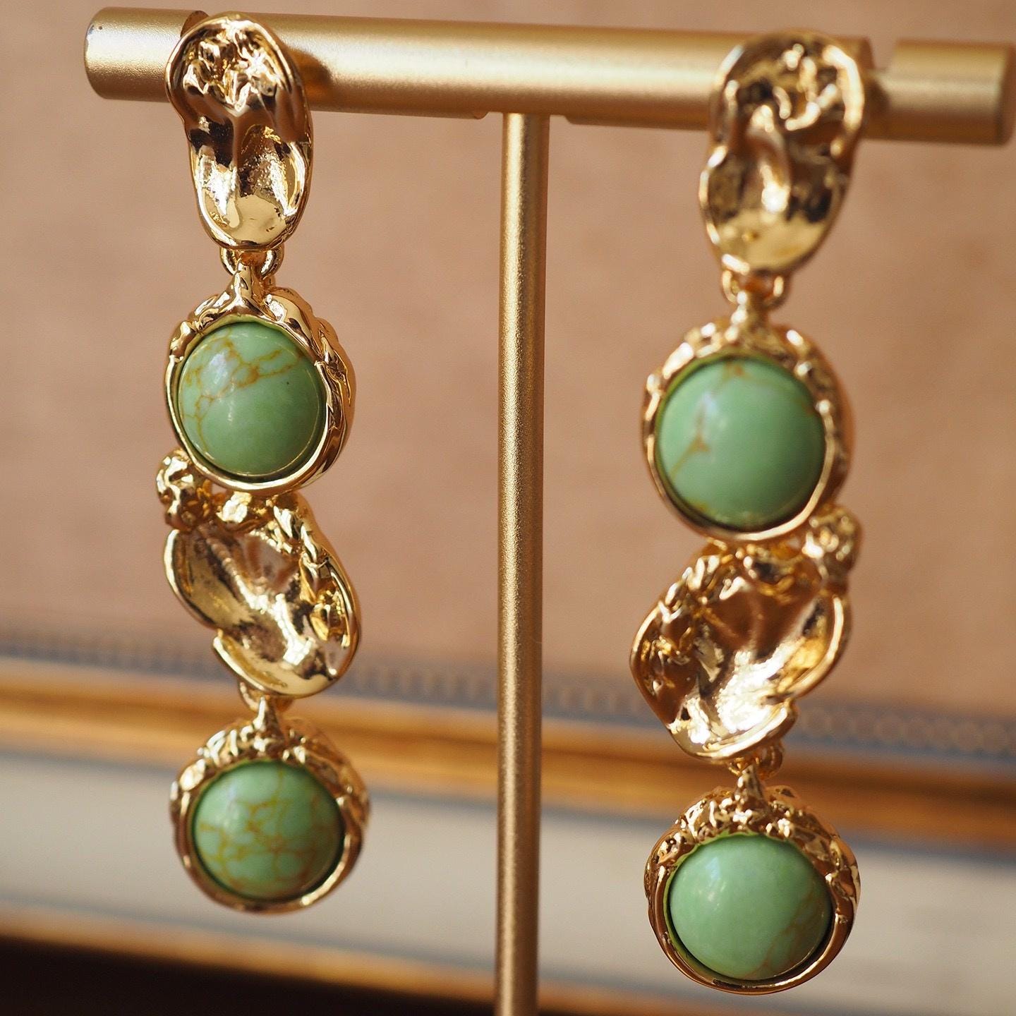 Gold Turquoise Dangle Earrings, Baroque Sculptural Jewelry, 925 Silver Post