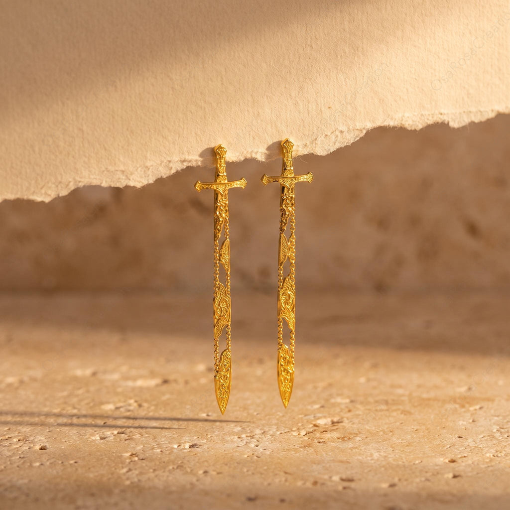 Gold Sword Drop Earrings, Sculptural Dagger Dangle Earrings, Medieval Inspired Jewelry, Edgy Statement Earrings, Unique Gift for Her