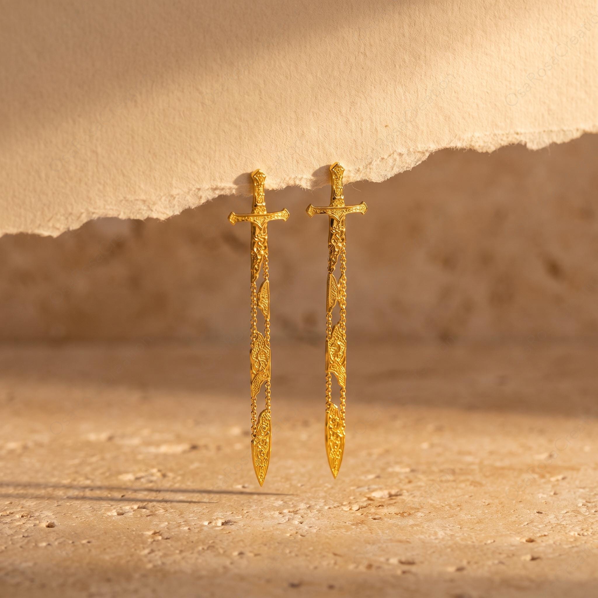 Gold Sword Drop Earrings, Sculptural Dagger Dangle Earrings, Medieval Inspired Jewelry, Edgy Statement Earrings, Unique Gift for Her