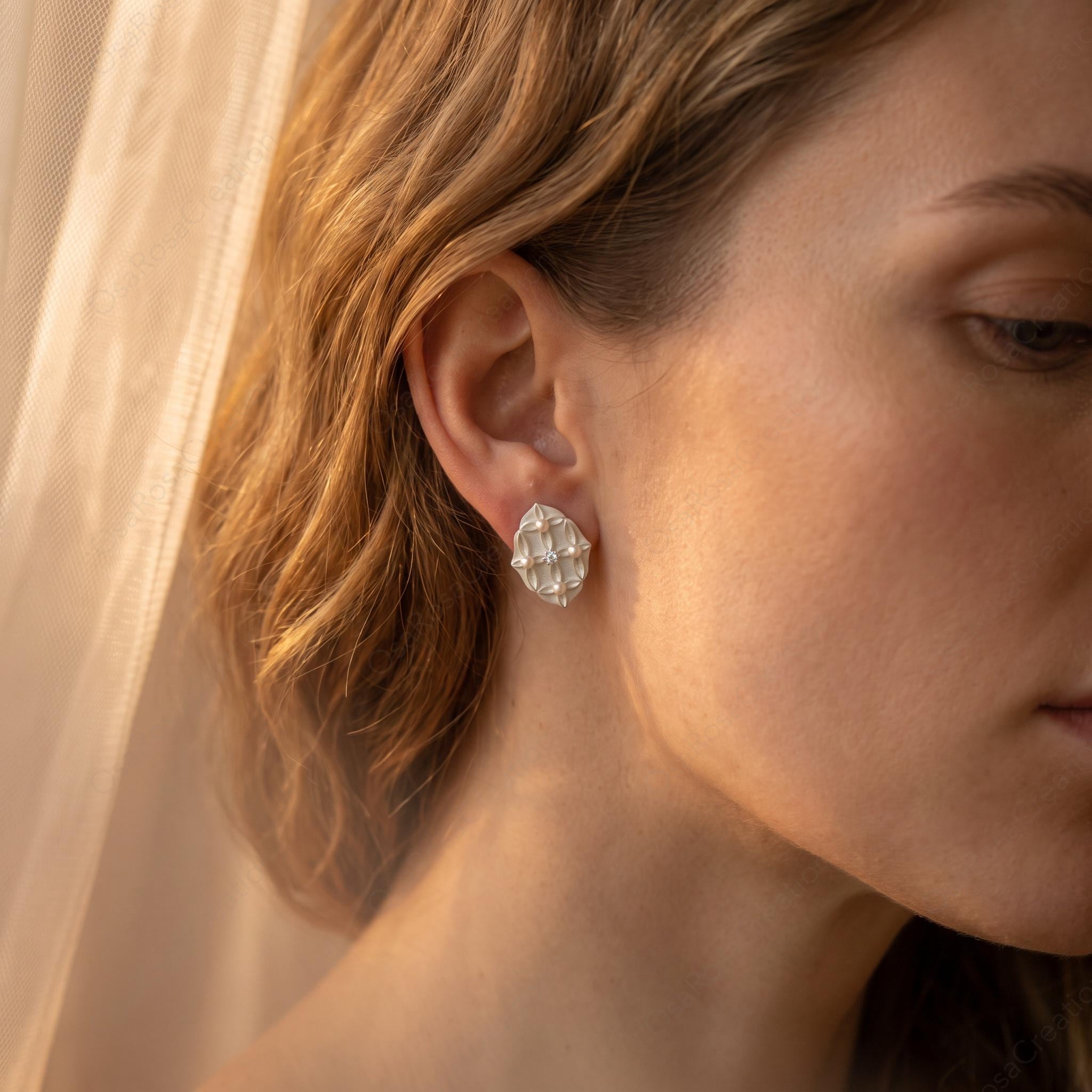 Silver Vintage Style Stud Earrings, Geometric Pearl Earrings, Art Deco Floral Studs