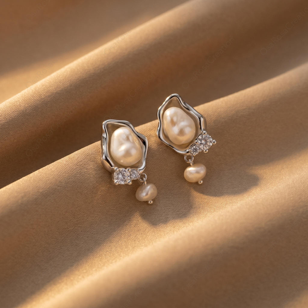 Silver Baroque Pearl Drop Earrings, Organic Wavy Studs, Bridal Jewelry