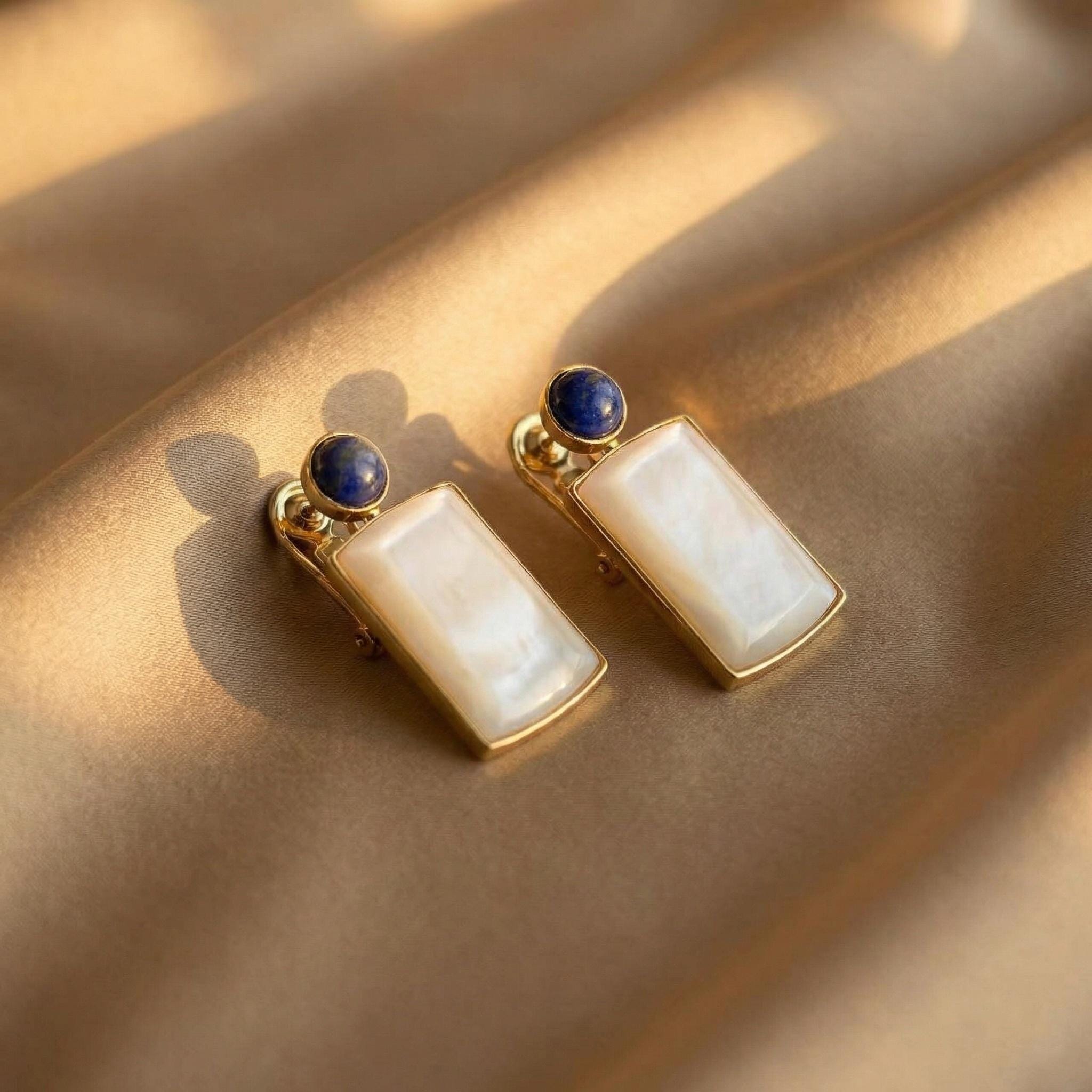 Art Deco Mother of Pearl Lapis Lazuli Earrings – 18K Gold Plated Sterling Silver Drops