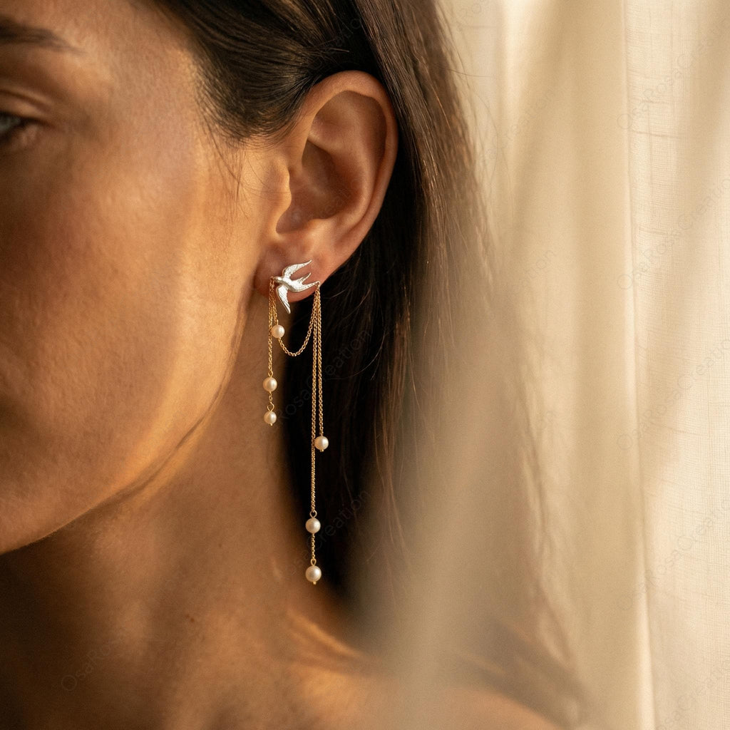 Silver Bird Pearl Drop Earrings: Nature Inspired Bridal Jewelry