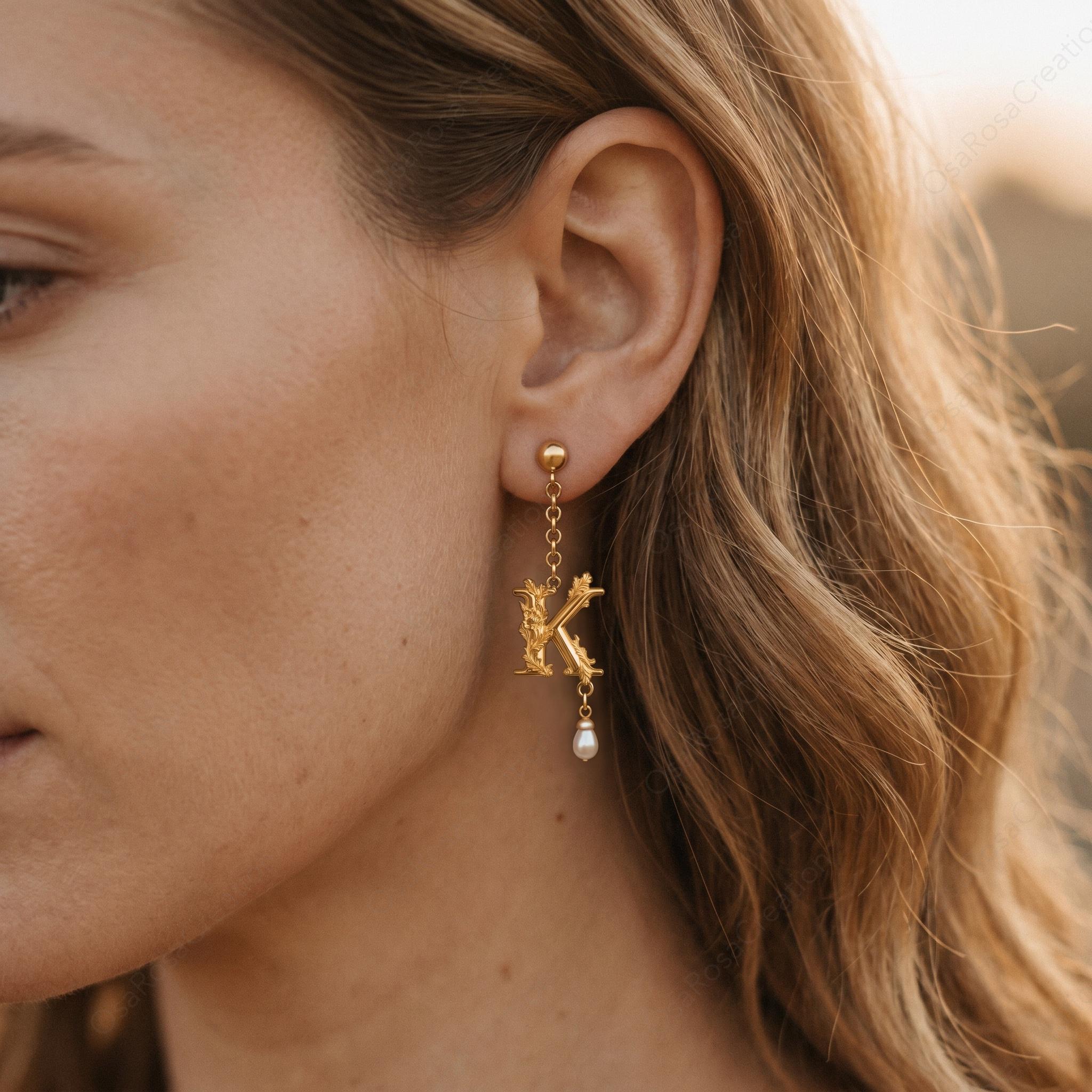Baroque Letter K Earring • Gold Initial with Pearl Drop