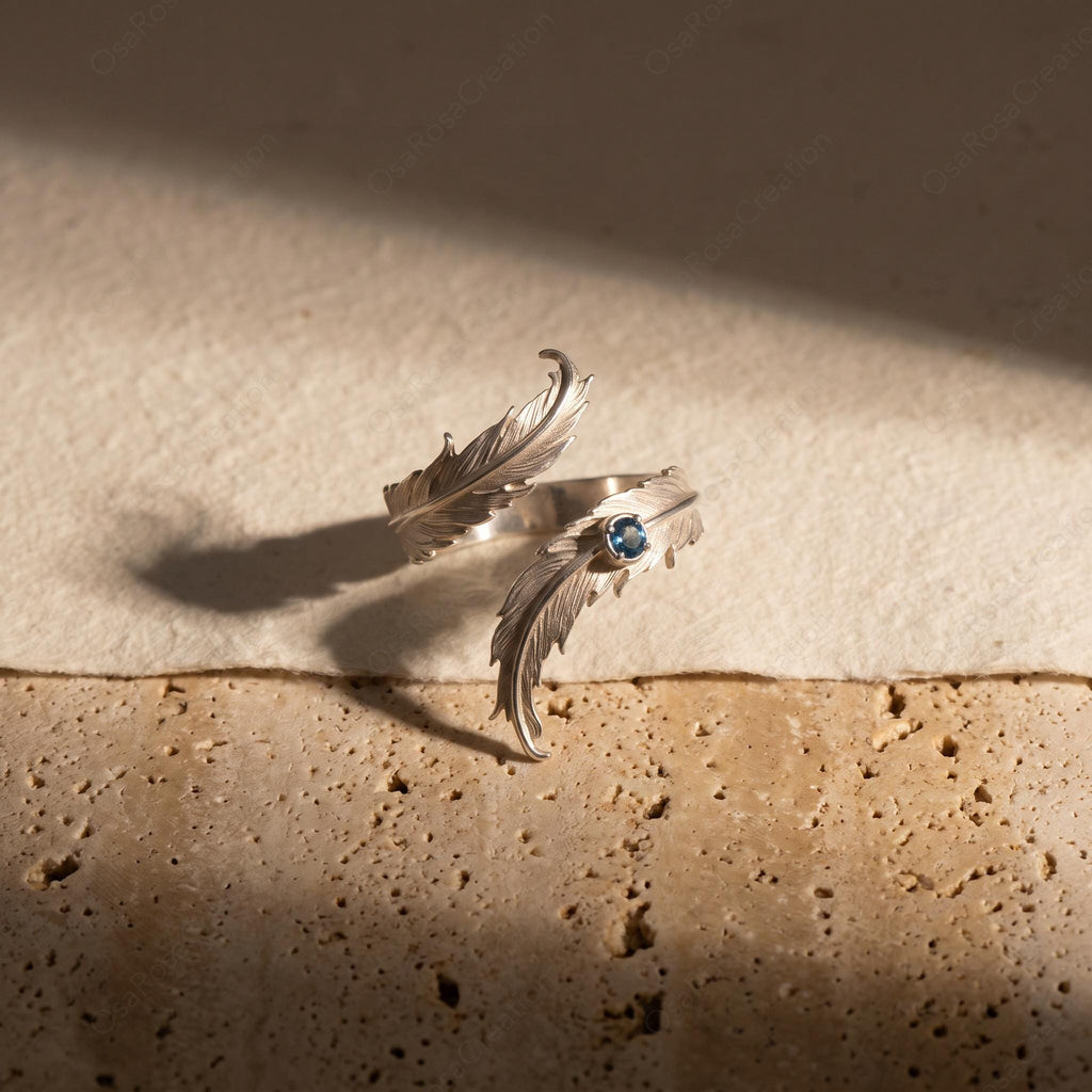 Silver Feather Wrap Ring, Blue Stone Adjustable Ring, Nature Inspired Jewelry, Quiet Luxury Silver Ring, Artistic Bohemian Ring