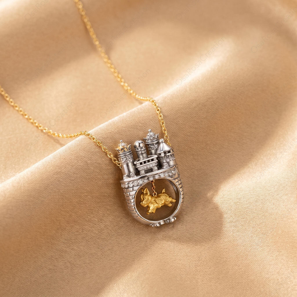 Mixed Metal Castle Dog Pendant Necklace, Fairytale Miniature Jewelry, Artistic Silver Choker