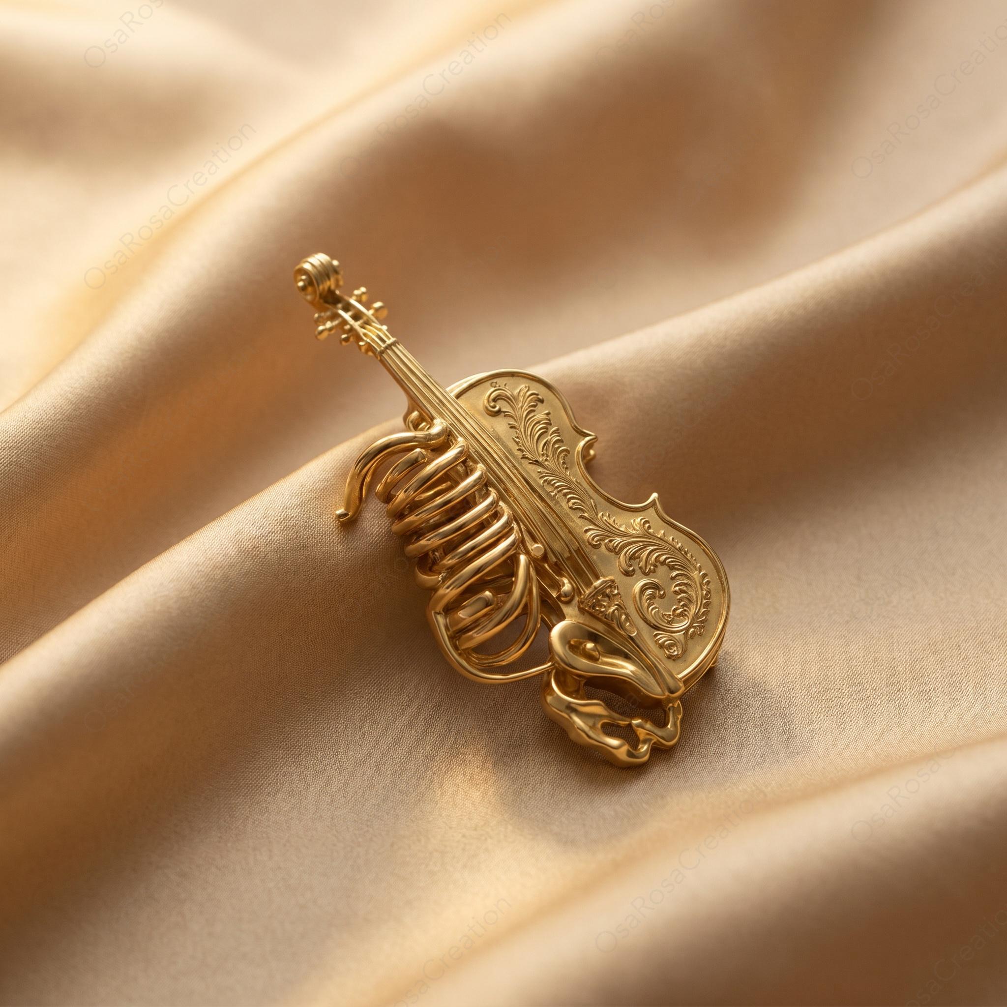Baroque Violin Rib Cage Brooch | Gold-Tone Artistic Music Jewelry Pin