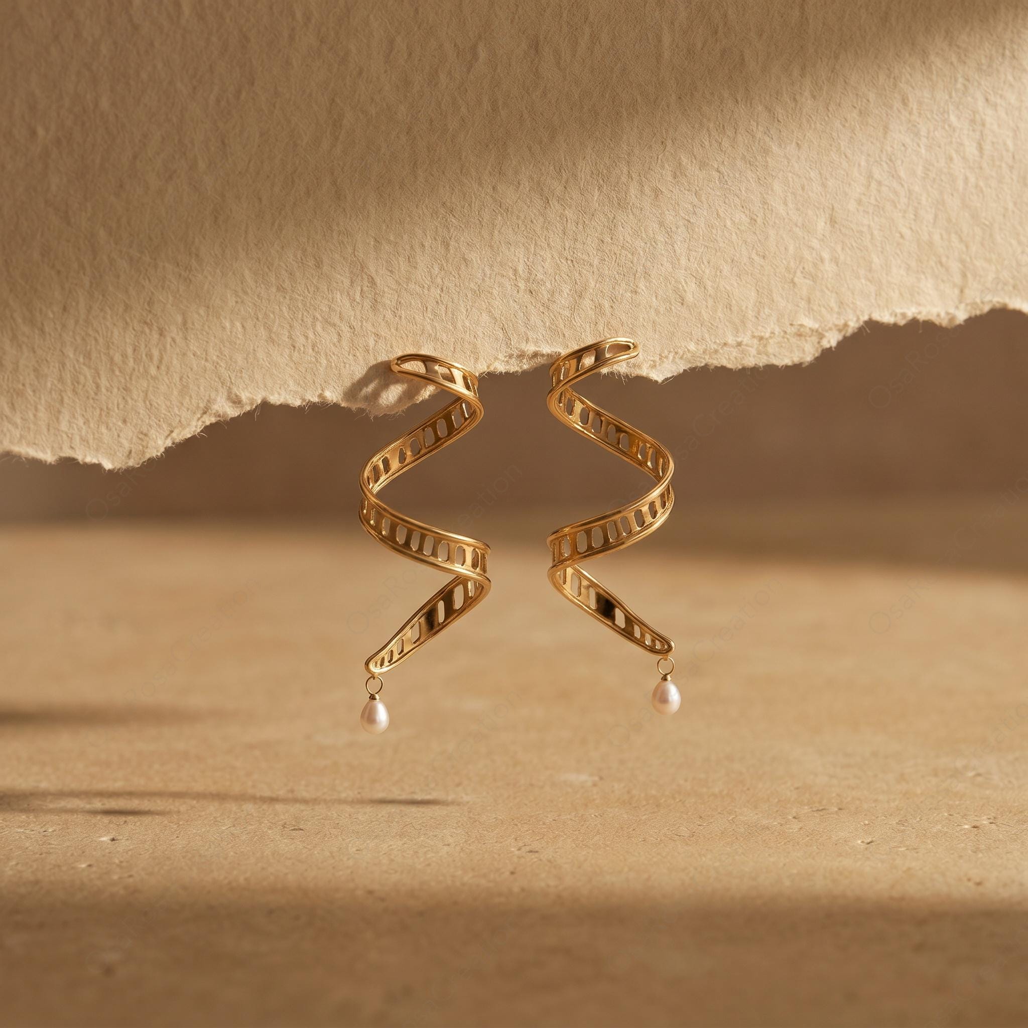 Gold DNA Helix Earrings • Pearl Drop, Science Jewelry