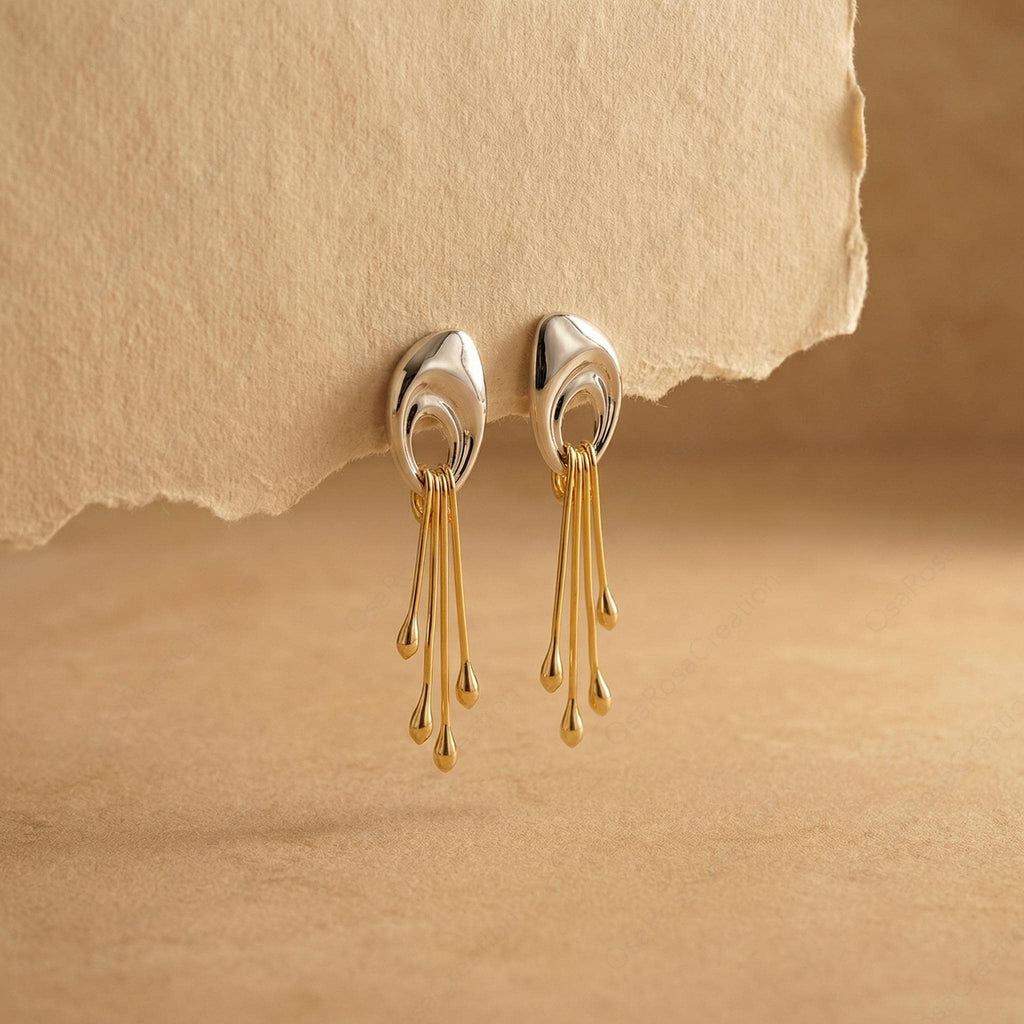 Sculptural Two-Tone Dangle Earrings, Liquid Metal Statement Drops, Sterling Silver Gold