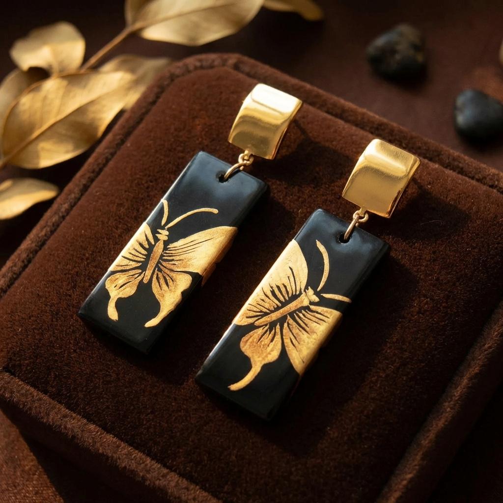 Black Gold Butterfly Earrings • Oriental Lacquer Art Dangle Jewelry
