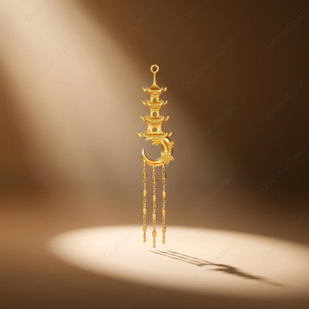 Moon Pagoda Earrings, Gold Temple Dangle Earrings, Crescent Tower Drop Earrings, Oriental Myth Jewelry