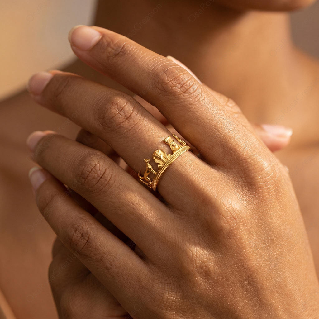 Gold Anubis Pharaoh Ring, Sculptural Statement Jewelry, Copper Plated Band