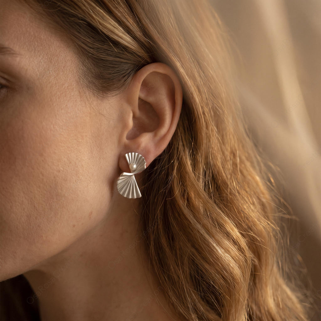 Sculptural  Silver Fan Earrings with Pearl, Ocean Coastal Jewelry