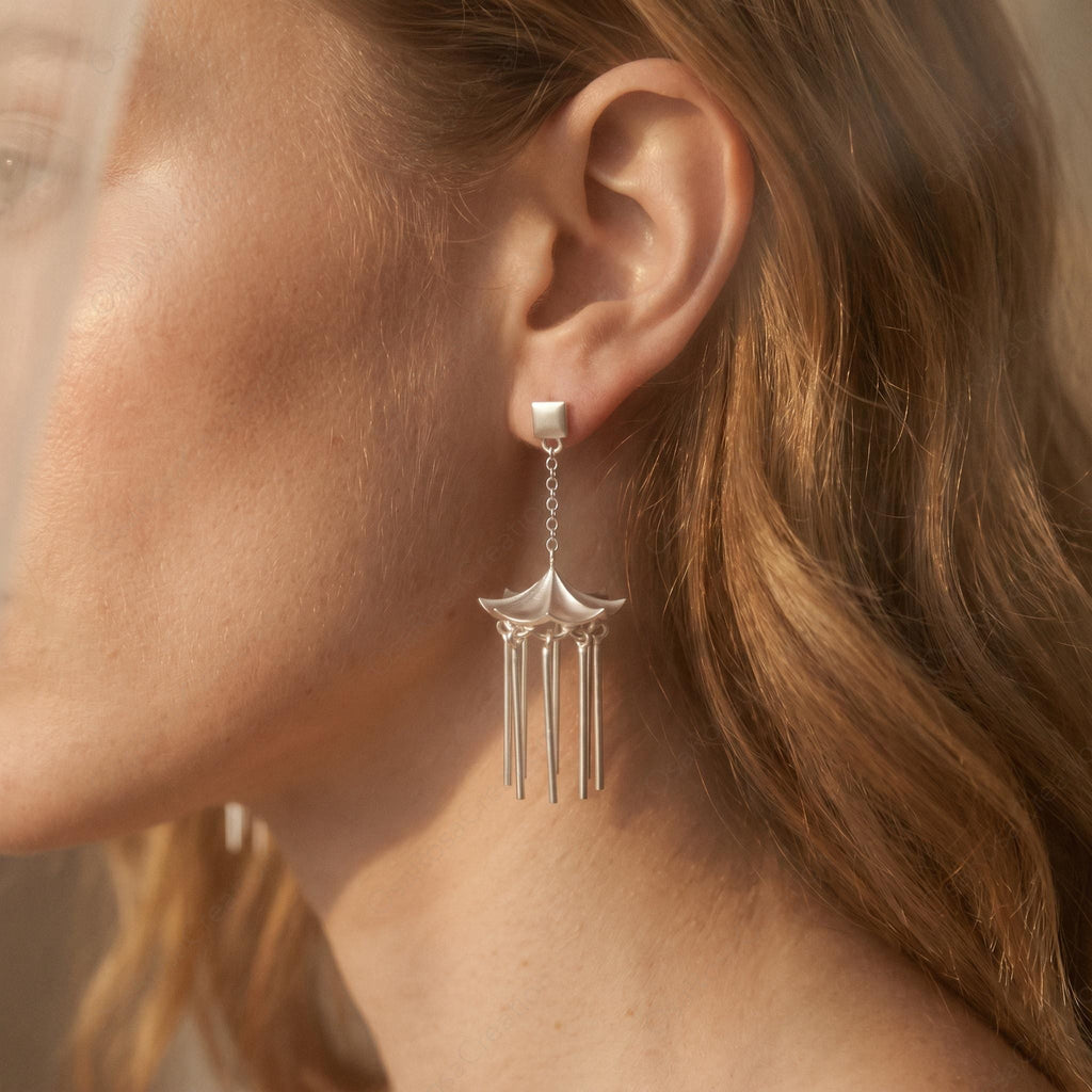 Silver Pavilion Tassel Earrings, Architectural Dangle Earrings, Minimalist Chandelier Drops, Geometric Art Jewelry