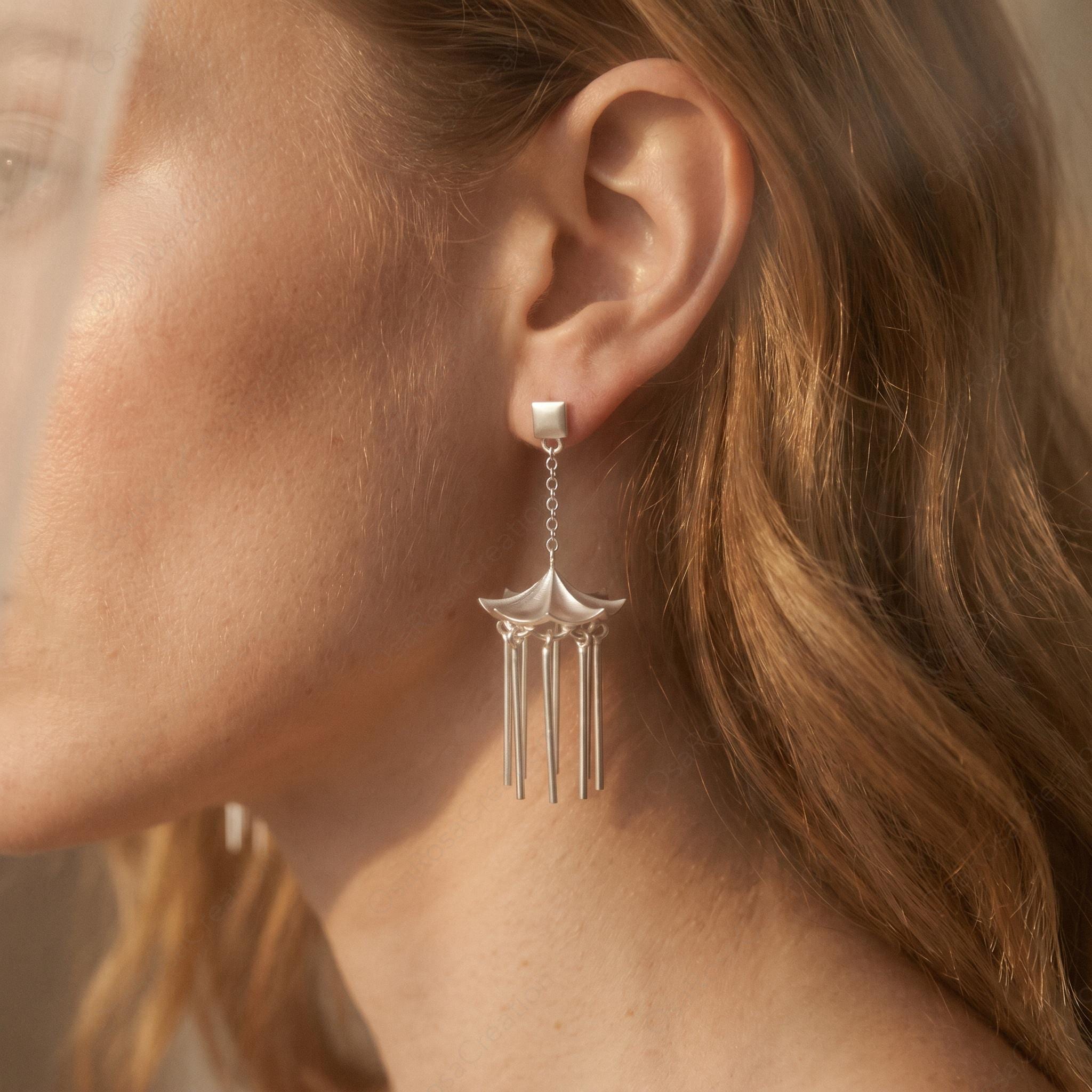 Silver Pavilion Tassel Earrings, Architectural Dangle Earrings, Minimalist Chandelier Drops, Geometric Art Jewelry