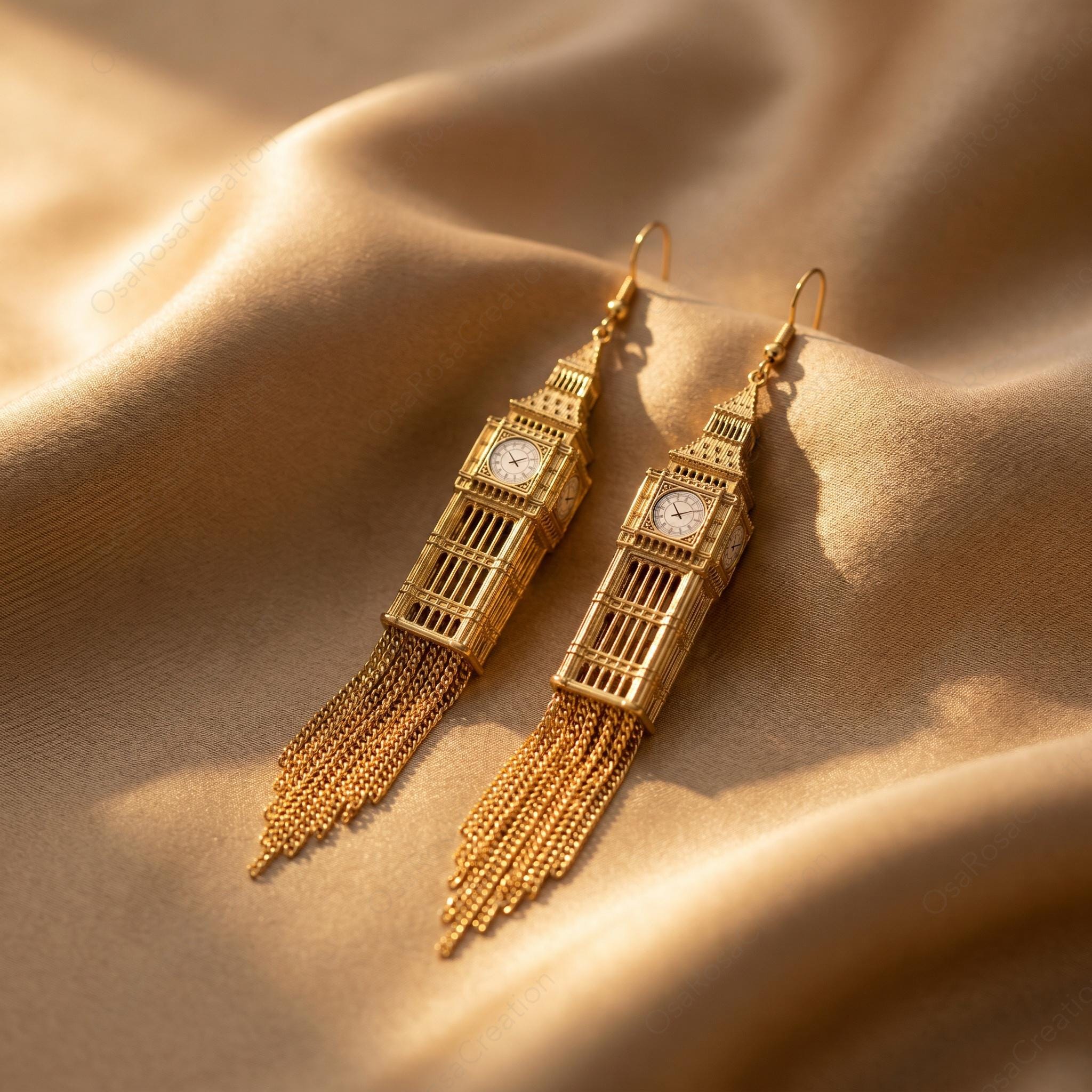 Big Ben Dangle Earrings, Architectural Tassel Drop Earrings