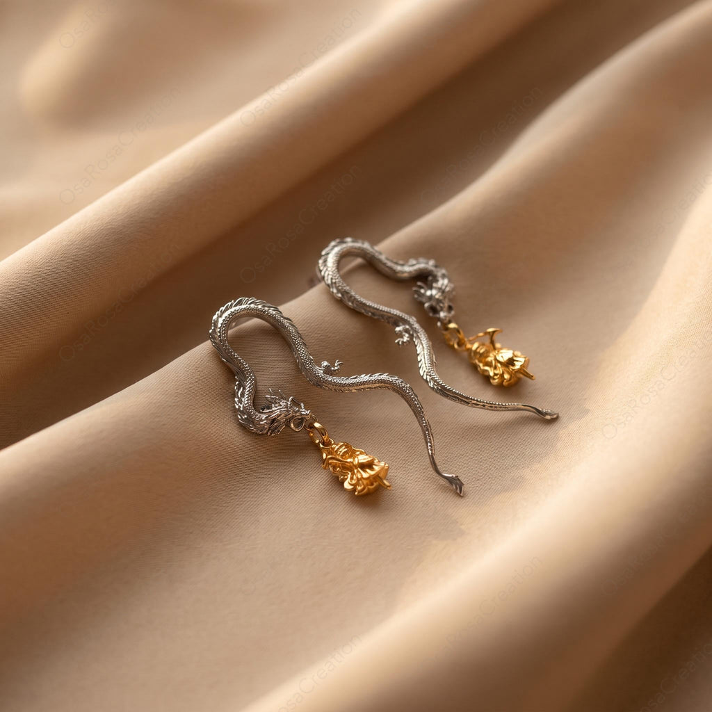 Silver Dragon Drop Earrings with Gold Fairy Charm Sculptural
