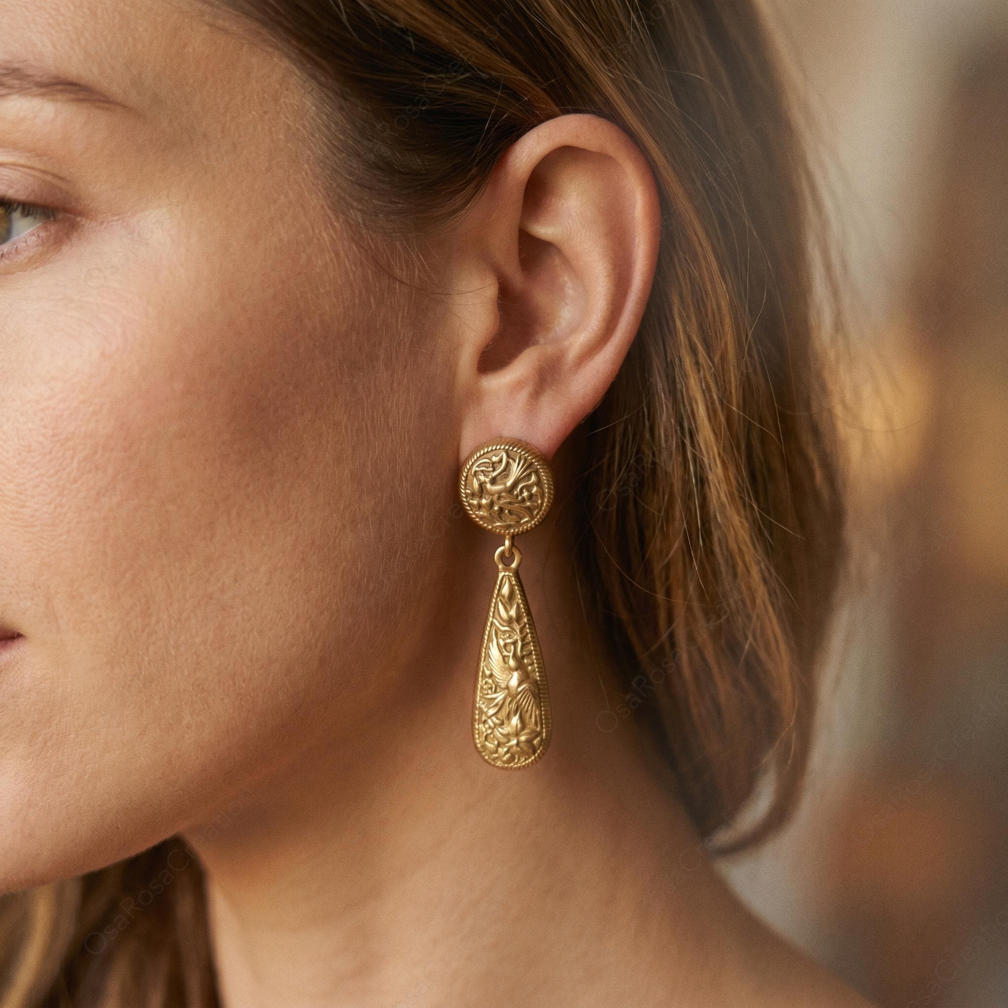 Gold-Plated Brass Botanical Teardrop Earrings, Victorian Embossed Dangle Jewelry