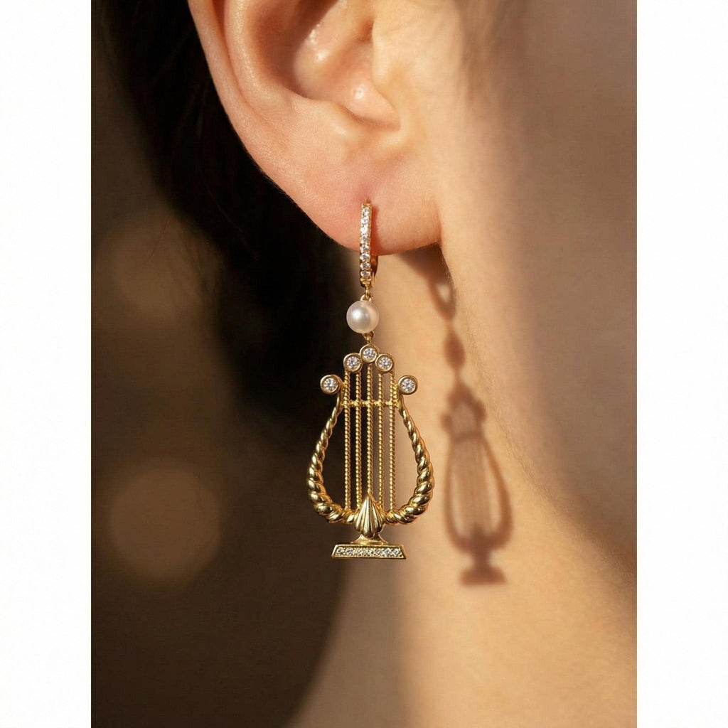 Pearl Lyre Harp Earrings • Gold Music Jewelry, Musician Gift