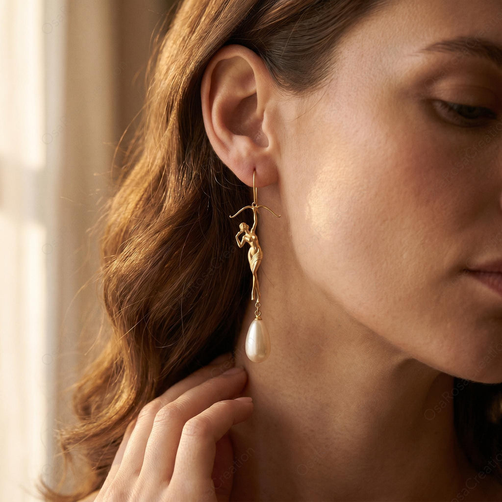 Sagittarius Earrings, Gold Archer Pearl Drop Earrings, Zodiac Statement Earrings, Sculptural Figure Jewelry