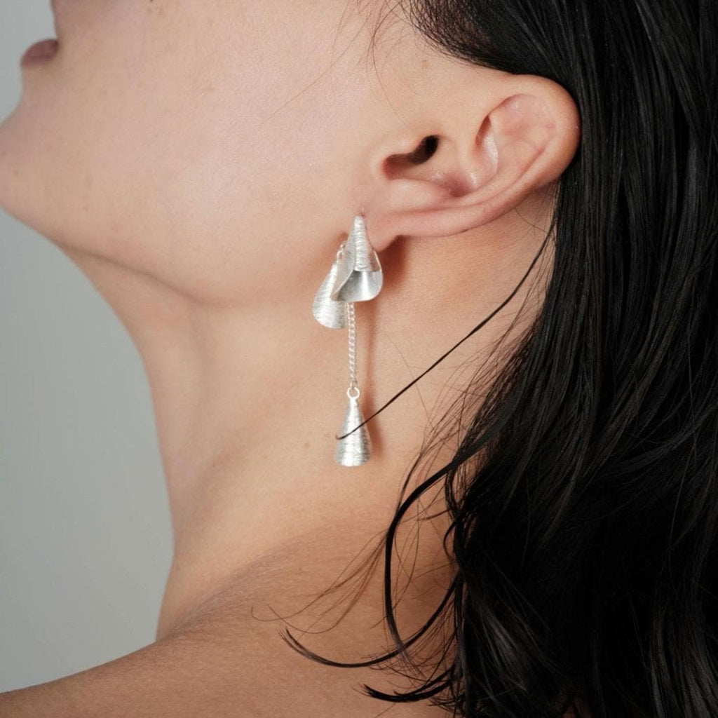 Sculptural Shell Drop Earrings, Platinum Plated, Greco-Roman Jewelry