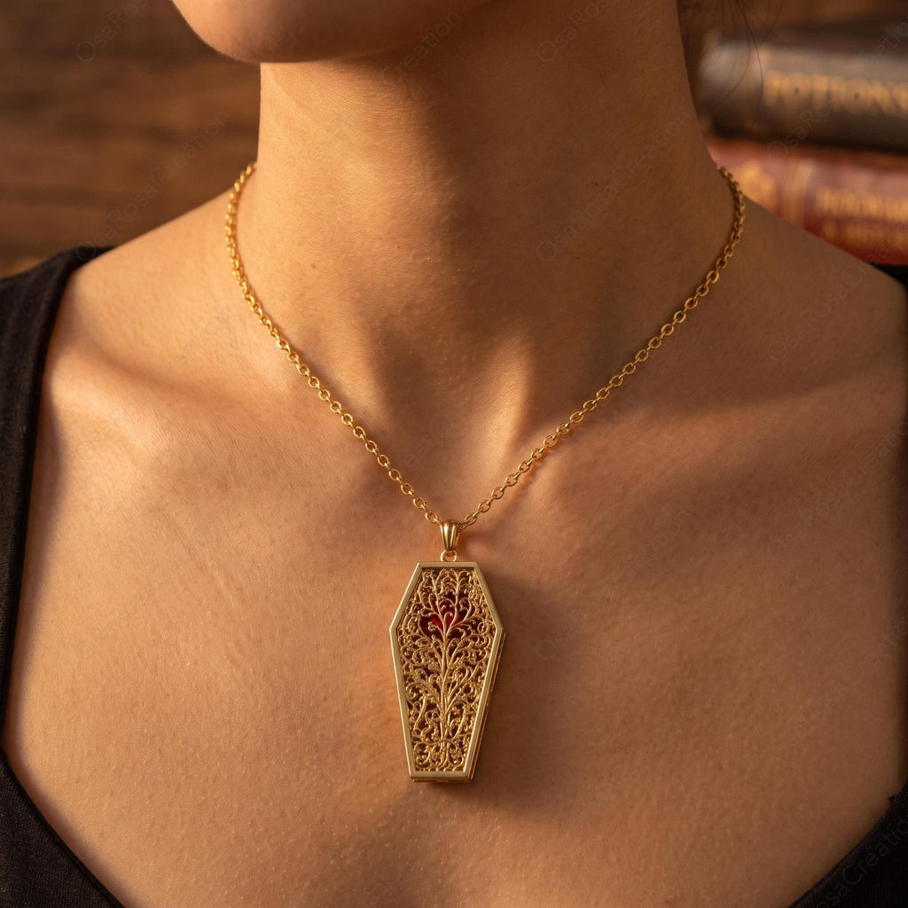 Vintage Gold Coffin Locket Necklace, Red Rose Filigree Pendant, Gothic Romance Jewelry, Victorian Secret Locket, Dark Academia Gift for Her