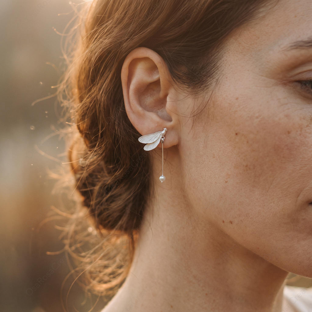 Silver Dragonfly Pearl Drop Earrings, Nature Inspired Bridal Jewelry
