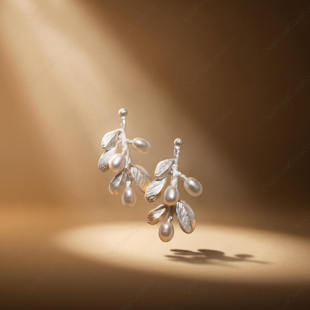 Silver Botanical Branch Earrings with Pearls