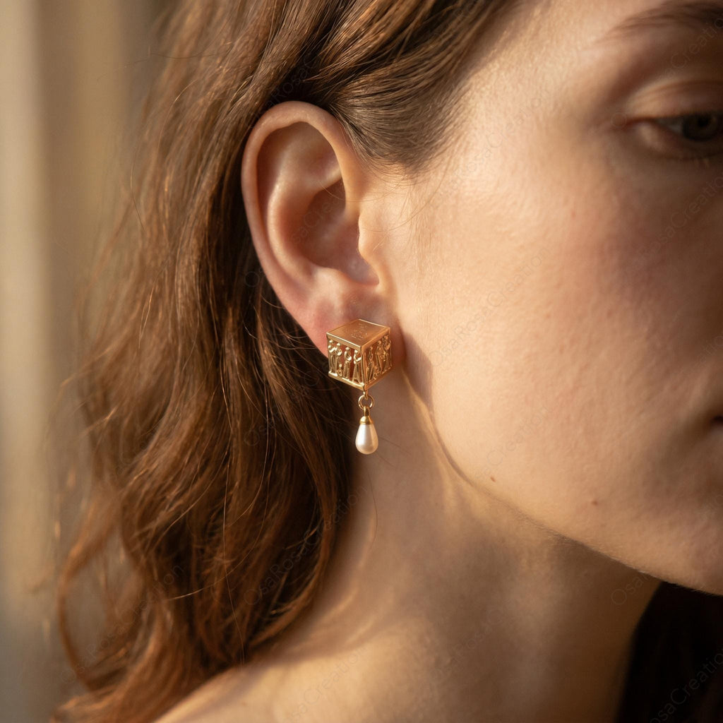 Ancient Greek Plato Academy Earrings | Museum Style Gold Earrings with Pearl Drop | Philosophy Inspired Jewelry