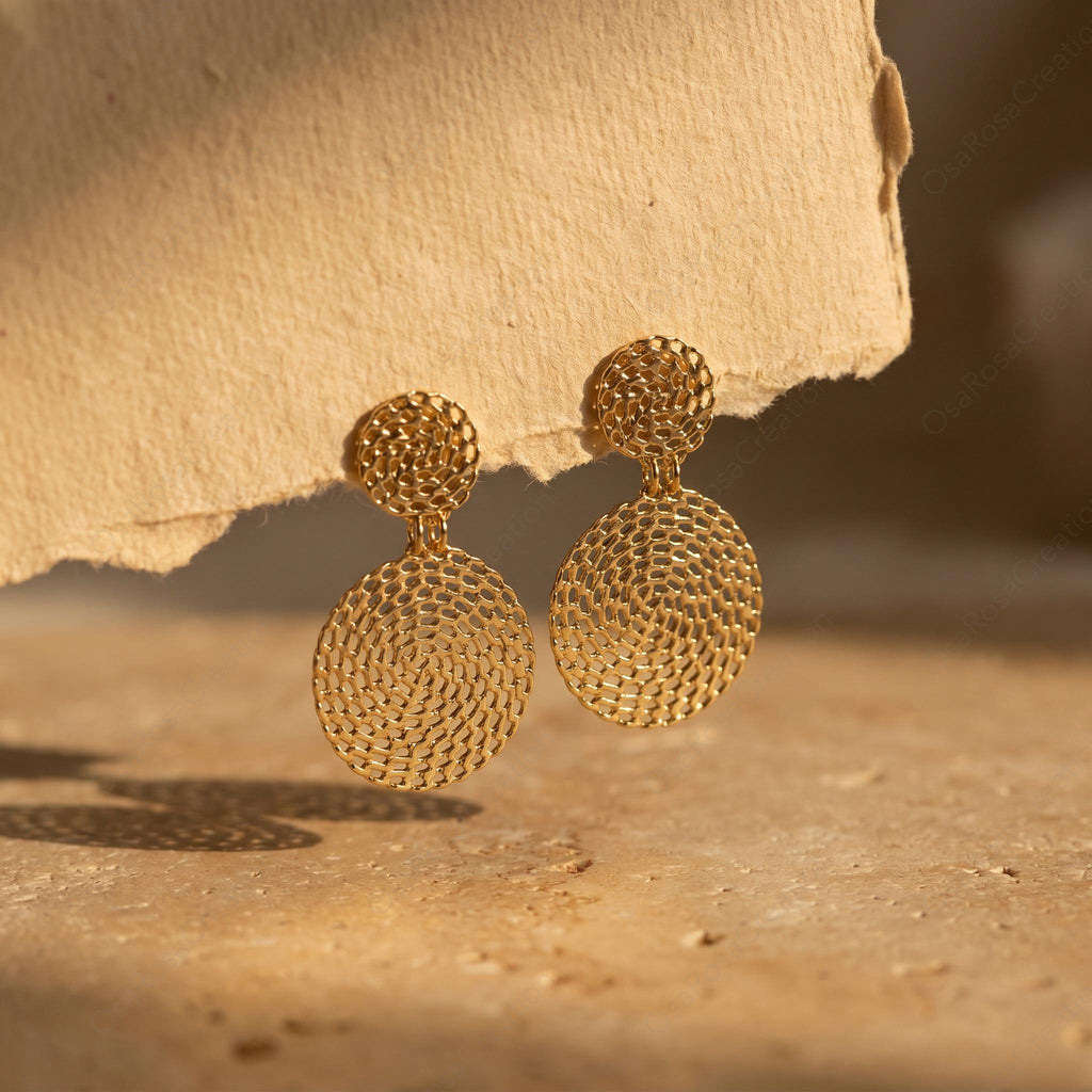 Gold Woven Disc Earrings | Geometric Drop Earrings | Filigree Circle Dangle Earrings | Mediterranean Style Jewelry | Artistic Statement