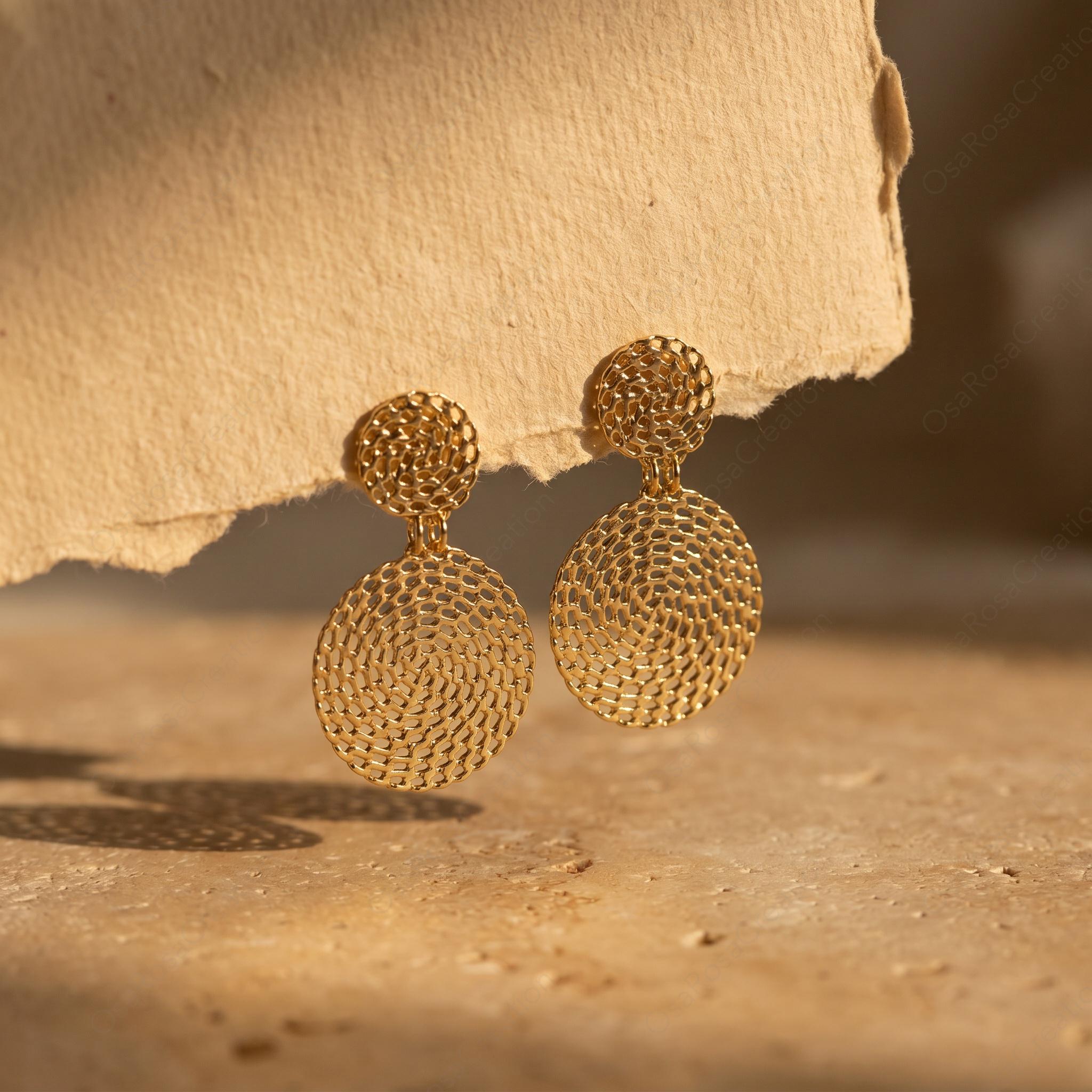 Gold Woven Disc Earrings | Geometric Drop Earrings | Filigree Circle Dangle Earrings | Mediterranean Style Jewelry | Artistic Statement
