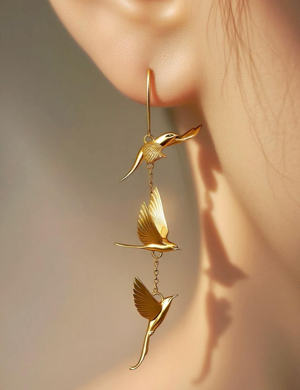 Golden Lark Dangle Earrings | 925 Sterling Silver Hooks | Bird-Inspired Long Earrings | Nature Jewelry Gift for Her | Lightweight Statement