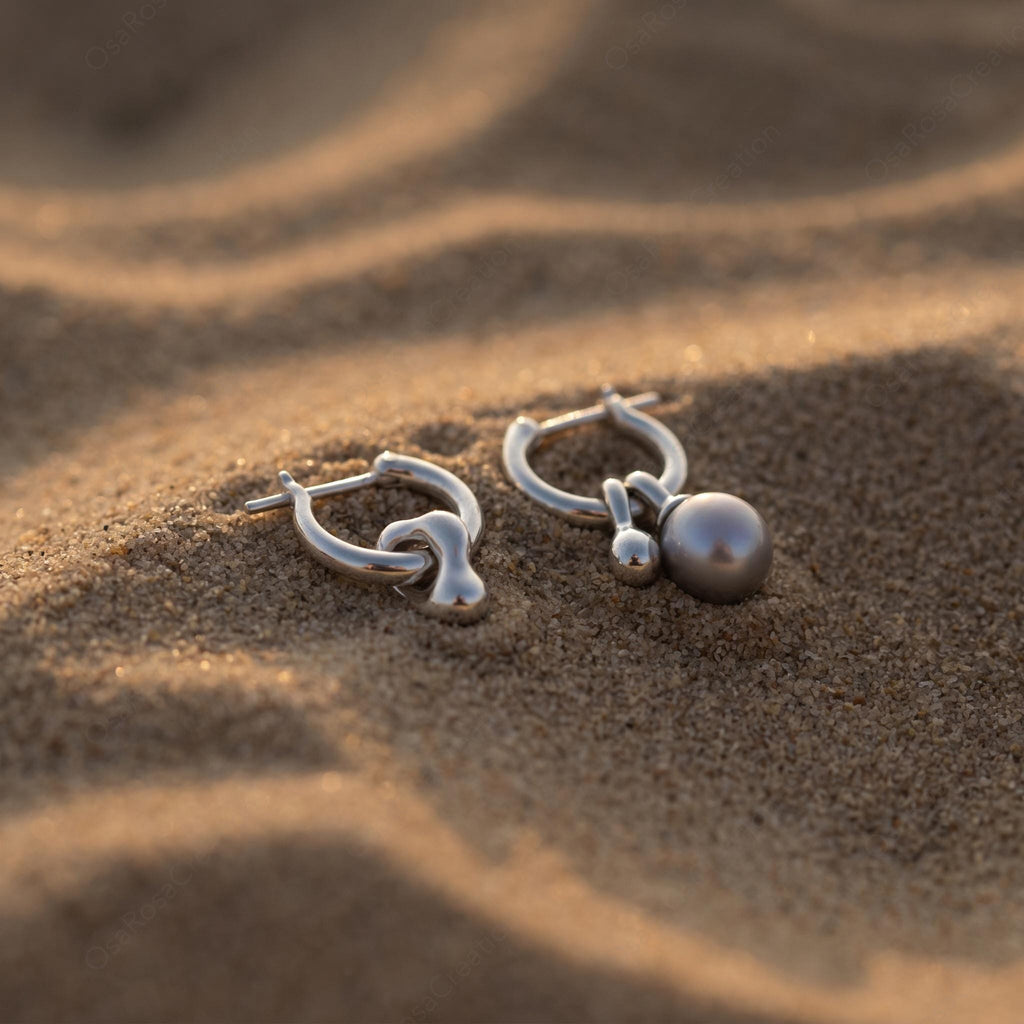 Asymmetrical Silver Hoop Earrings, Fluid Metal Pearl Drop Earrings, Modern Sculptural Jewelry, Mismatched Huggie Hoops