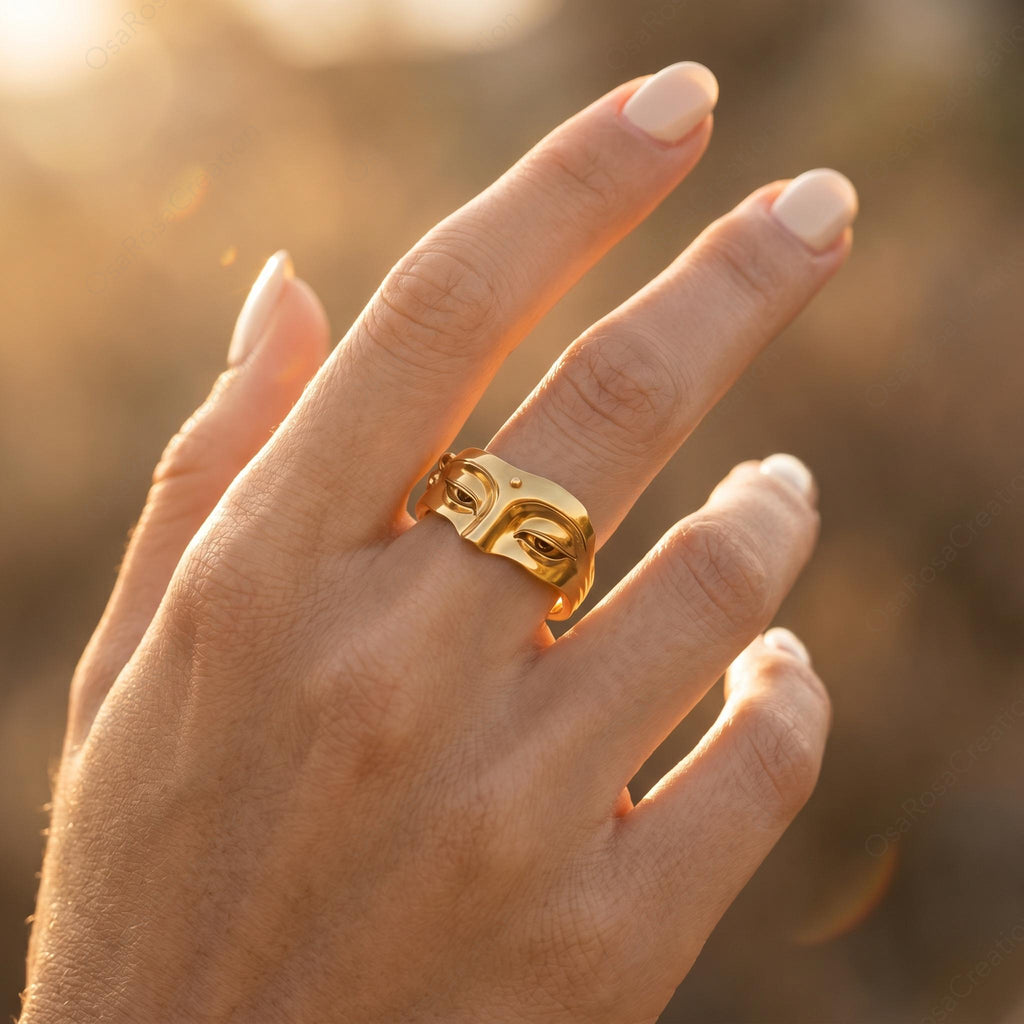 Sculptural Face Ring, Gold Plated Brass Abstract Portrait Jewelry