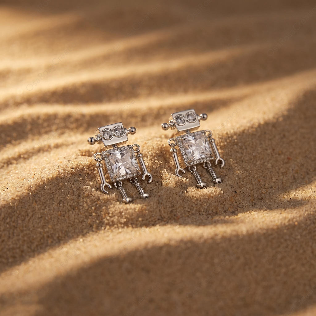 Sterling Robot Crystal Dangle Earrings, Retro Futuristic Geometric Jewelry