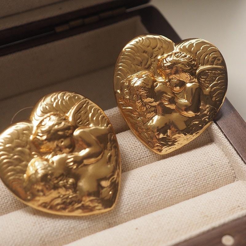 Gold Heart Cherub Earrings | Baroque Relief Studs, 925 Silver Posts