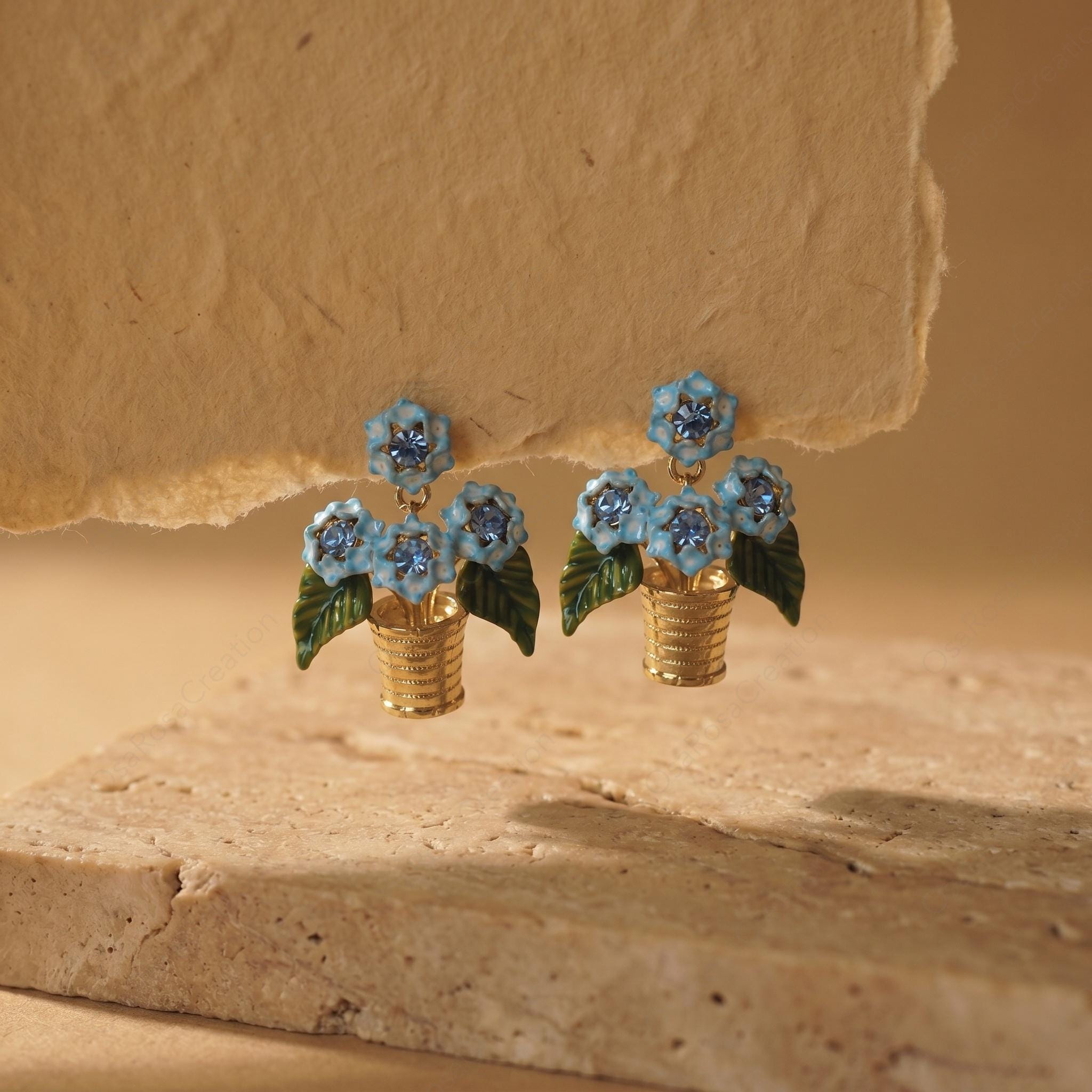 Blue Floral Basket Earrings, Vintage Enamel Flower Studs, French Garden Jewelry, Botanical Gold Earrings, Elegant Spring Accessory