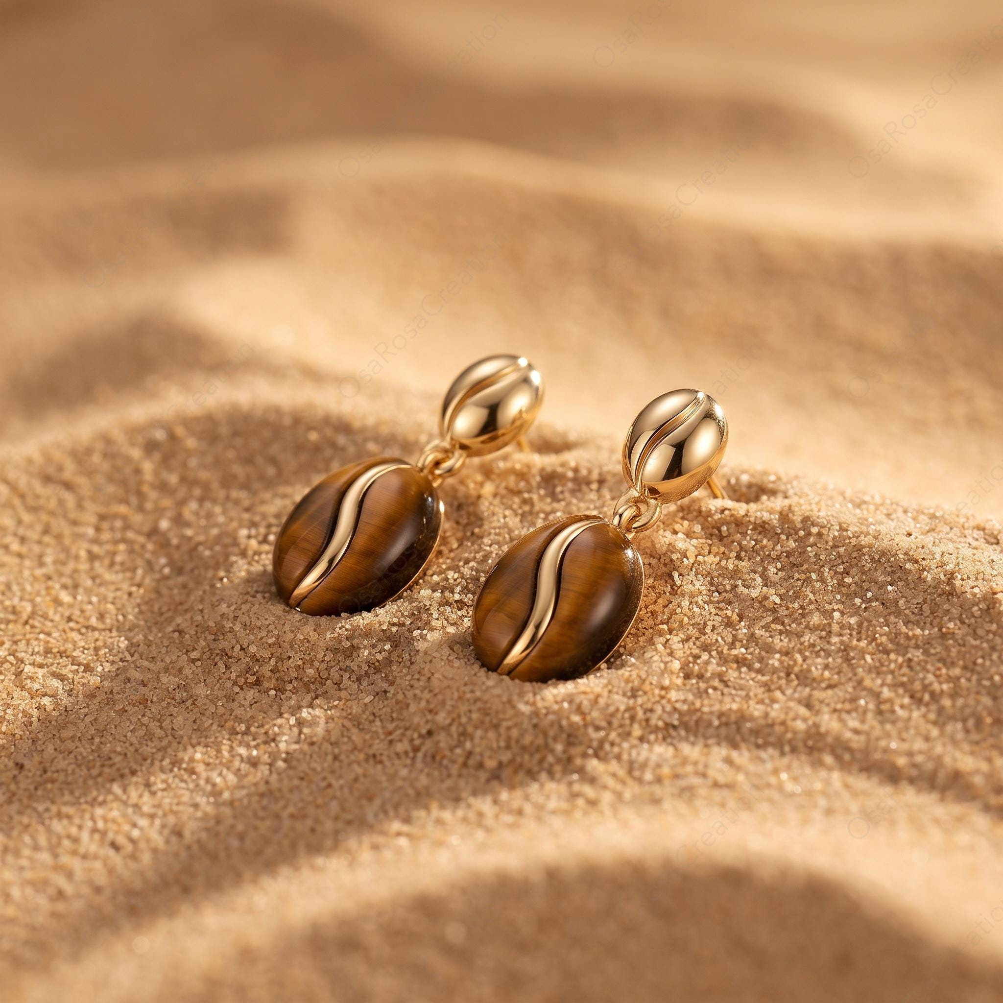 Sculptural Coffee Bean Earrings, Faux Tiger's Eye, Gold Plated Copper, 925 Sterling Silver Post
