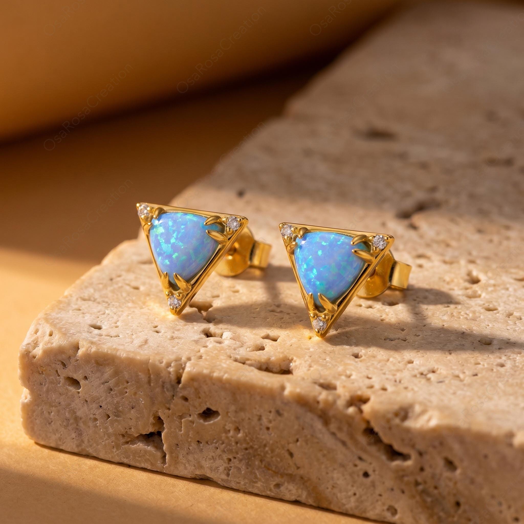 Blue Opal Triangle Stud Earrings, Gold Plated Geometric Dainty Jewelry