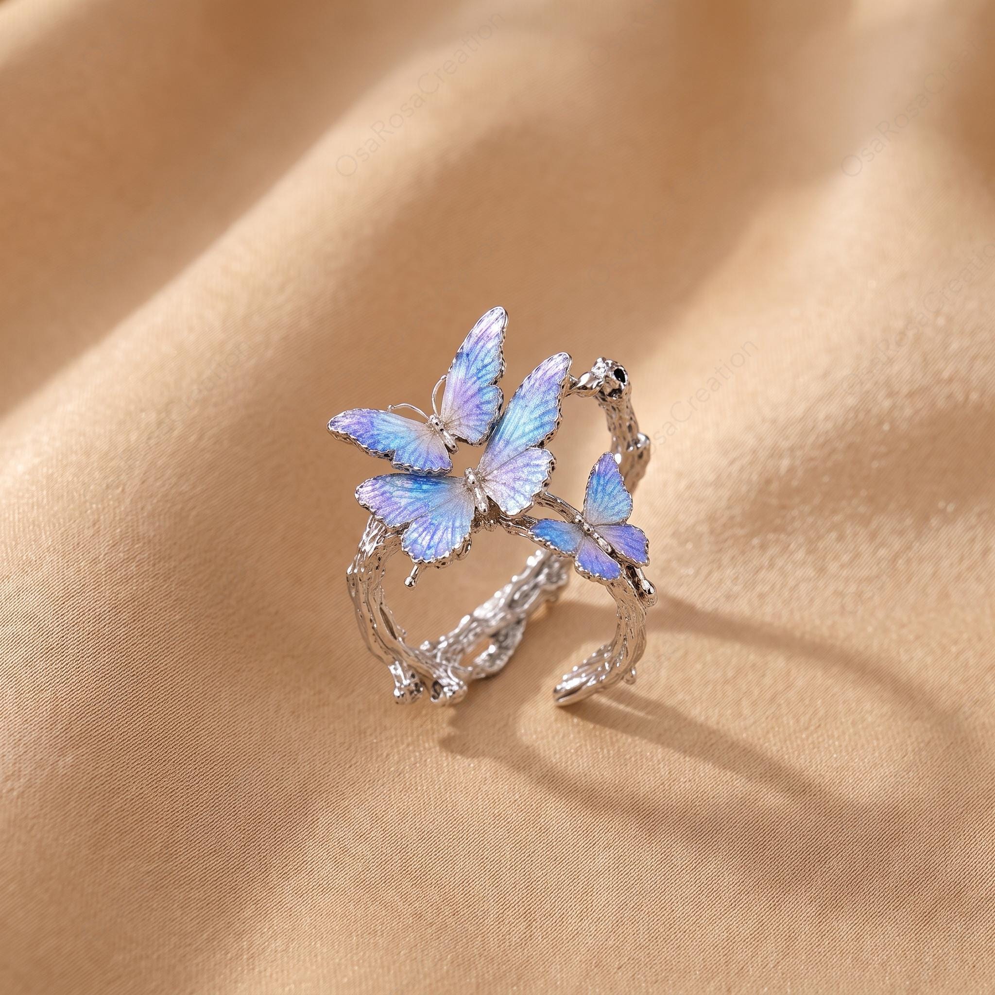 Enamel Butterfly Ring, Platinum-Plated Brass Branch Band, Nature Inspired Jewelry