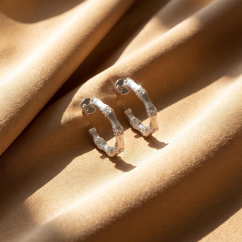 Bamboo Texture Hoop Earrings – 18K Gold Plated, Sterling Silver Post, Minimalist Nature Jewelry